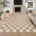 Fnova Checkered Area Rug, 5' x 7' Machine Washable Non Slip Rug for Living Room Bedroom Kitchen, Kid and Pet Friendly Low Pile Indoor Carpet,Brown & Beige,5' x 7'