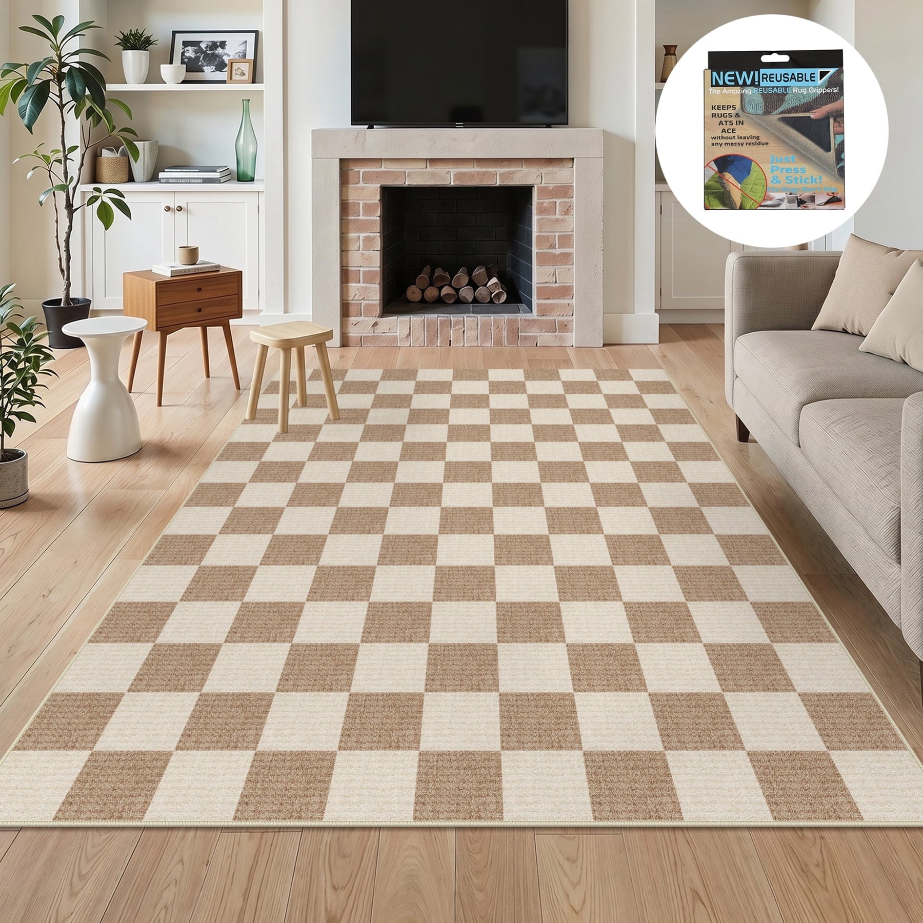 Fnova Checkered Area Rug, 5' x 7' Machine Washable Non Slip Rug for Living Room Bedroom Kitchen, Kid and Pet Friendly Low Pile Indoor Carpet,Brown & Beige,5' x 7'