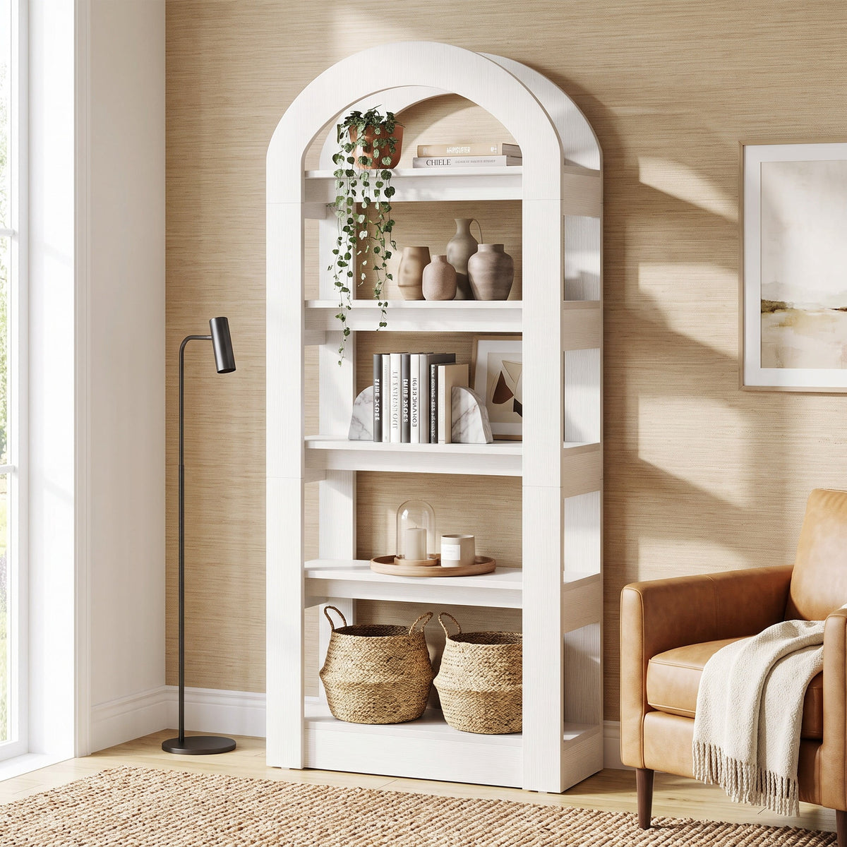 Fnova 5-Tier Arch-Shaped Storage Shelf Unit, Modern Open Display with Anti-Tip Kit for Living Room Bedroom Home Office,WM010565_W_US