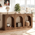 Fnova 70.9" Farmhouse Console Table, Narrow Long Sofa Table with 3 Arched Storage Shelves, Wood Entryway Table for Foyer, Hallway, Living Room, Behind Couch,Brown