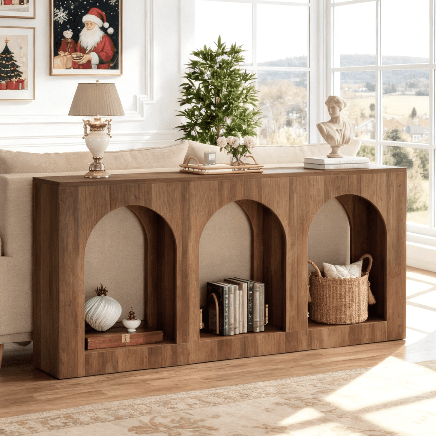 Fnova 70.9" Farmhouse Console Table, Narrow Long Sofa Table with 3 Arched Storage Shelves, Wood Entryway Table for Foyer, Hallway, Living Room, Behind Couch,Brown