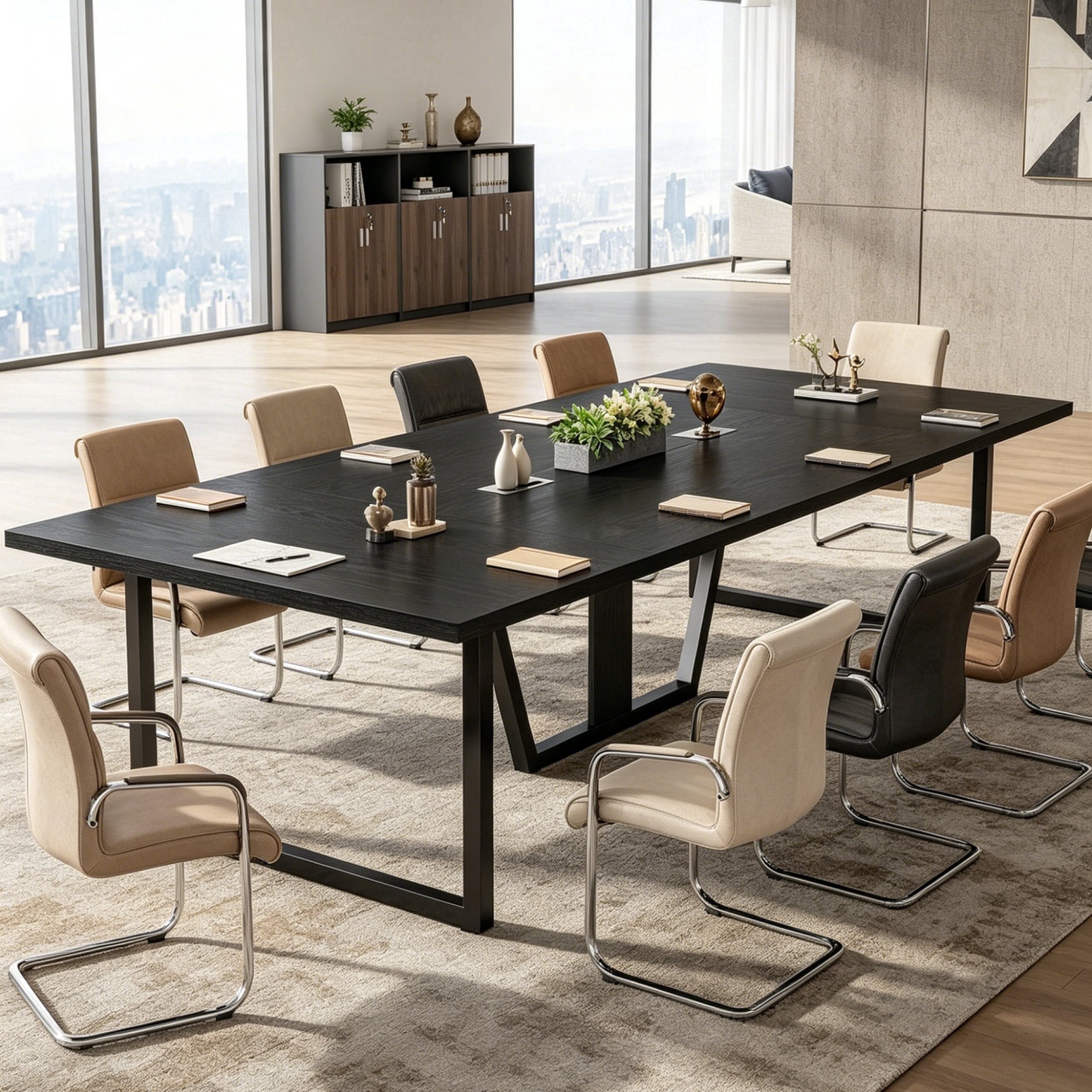 Fnova 94"Large Conference Table for 8-10 People, Modern Executive Meeting Table with Cable Management & Adjustable Feet, Heavy-Duty Office Conference Desk for Boardroom, Training Room,Black