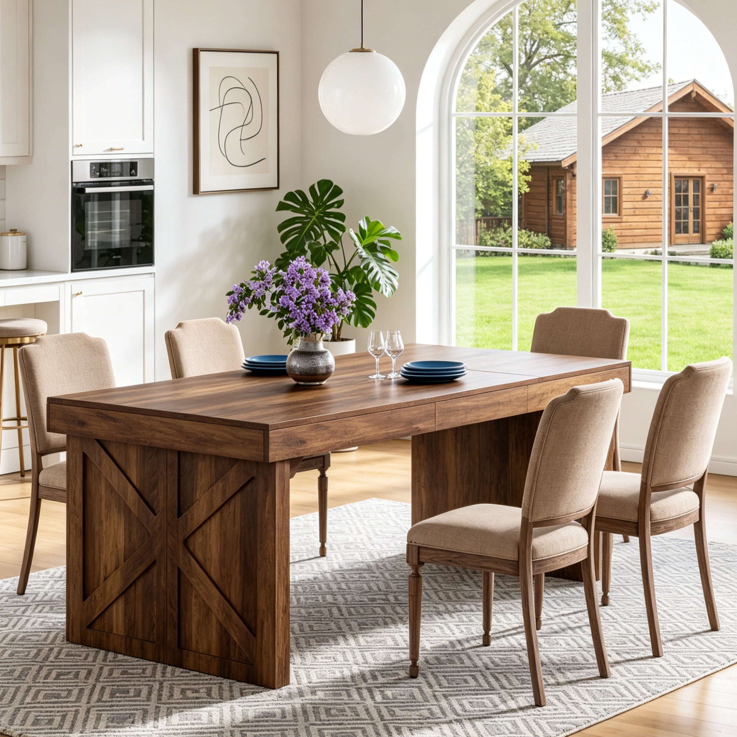 Fnova 63-Inch Farmhouse Dining Table for 6, Rectangular Kitchen Table with Thickened Tabletop & Sturdy Pedestal Base, Wood Dining Room Table for Dining Room, Kitchen,WM010419_BN_US