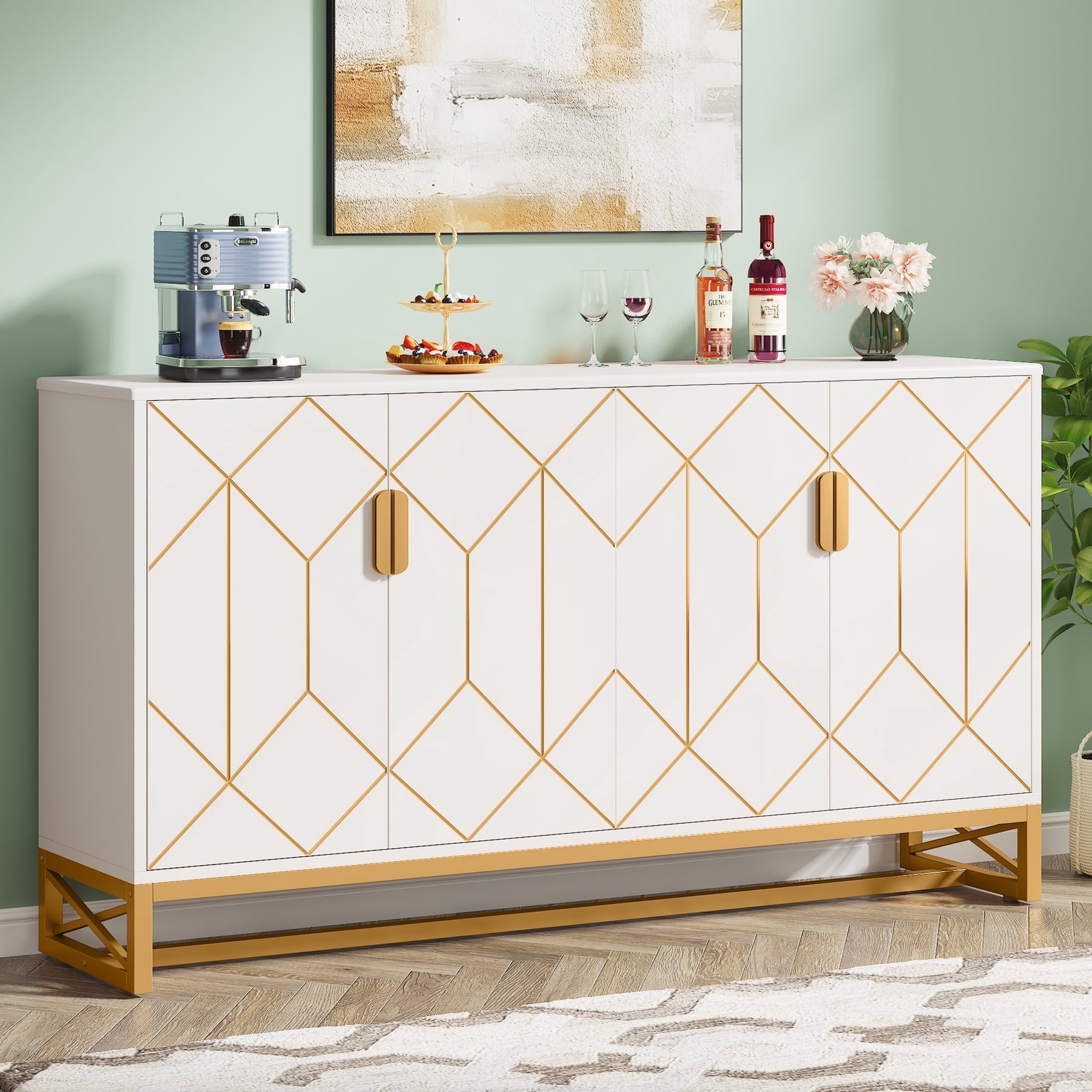Fnova 59-Inch Modern 2-Tier Sideboard Cabinet, Metal Frame Storage Cabinet for Kitchen/Living Room/Study/Home Office, Easy Assembly,WM011331_W_Cabinet