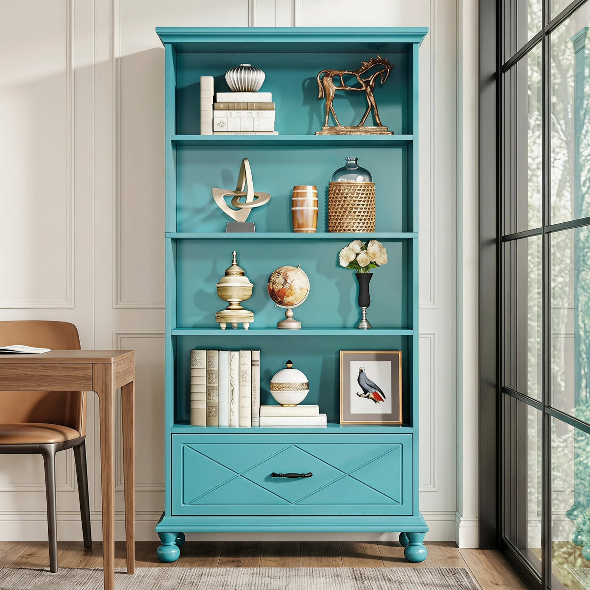 Fnova 6-Tier Tall Storage Shelf Unit, with Drawer Farmhouse Bookcase Display for Living Room Bedroom Home Office Study,WM010550_Gr_US