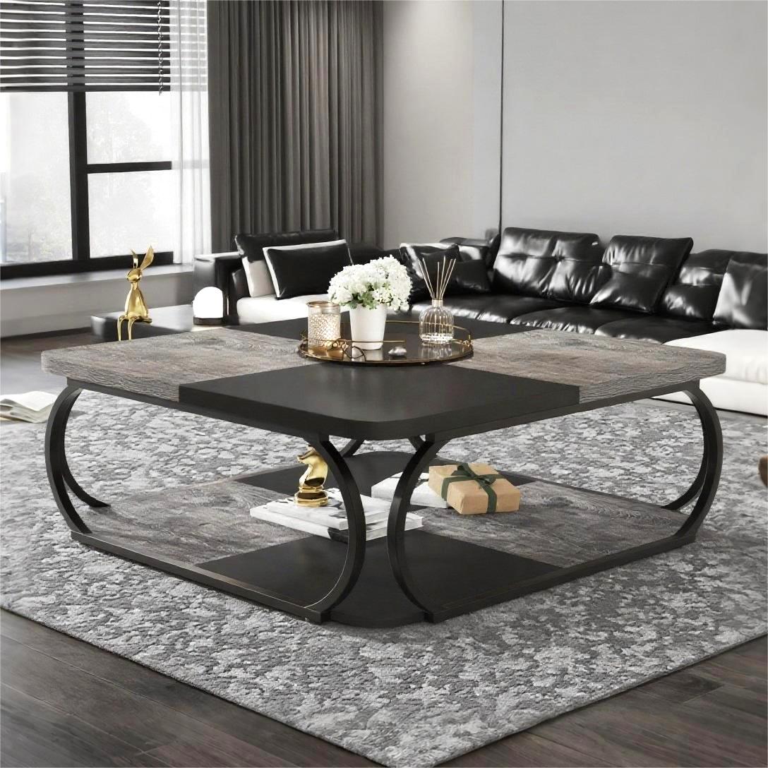 Fnova 47.2" Square Coffee Table, Industrial Modern Style with Wood Colorblock Design, Decorative Center Table for Living Room, Bedroom & Apartment, Easy to Assemble,Gray