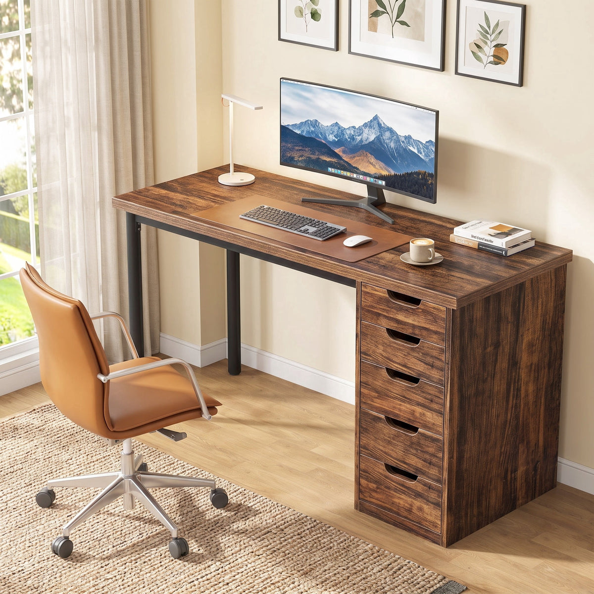 Fnova 47.24-Inch Computer Desk with 5 Drawers, Reversible File Cabinet, Writing Workstation for Home Office Bedroom Study Makeup Vanity Desk Furniture,WM010404C_BN_Desk