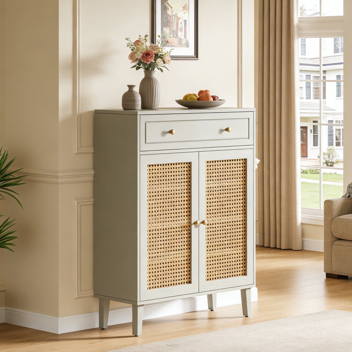 Fnova Modern 4-Tier Storage Cabinet with 1 Drawer, 2-Door Vintage Side Cabinet, Shoe Storage with Adjustable Shelves, Rattan Panels, Easy Assembly for Entryway, Hallway, Living Room, Bathroom,WM011311_G_Cabinet