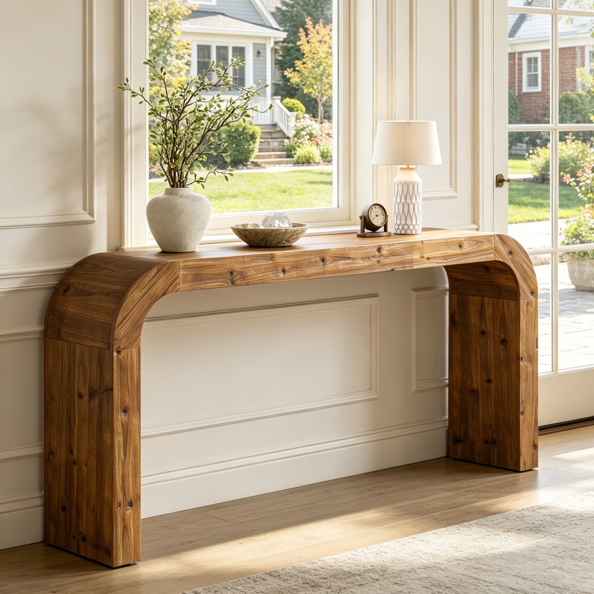 Fnova 71" Farmhouse Console Table, Solid Wood Entryway Table Sofa Table with Curved Corners, for Hallway, Living Room, Behind Couch, Foyer,Brown