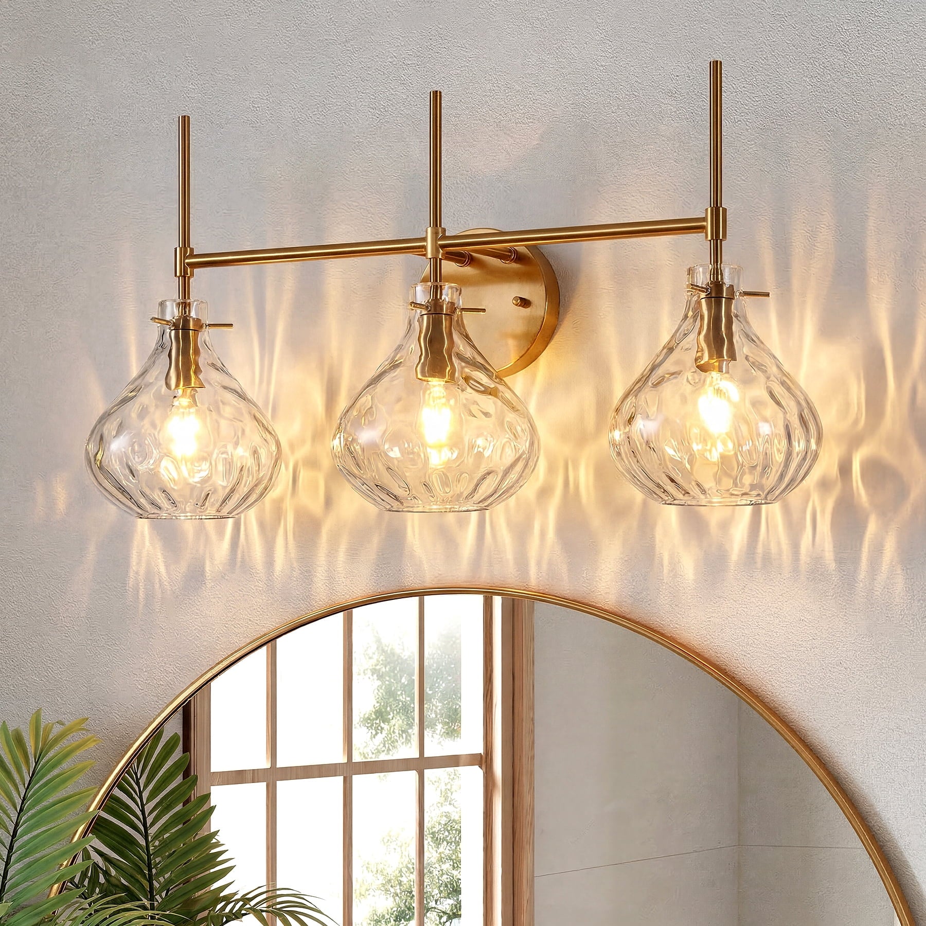 Fnova 3-Light Bathroom Vanity Light with Water Ripple Hammered Glass Shade, E12 Base, Up/Down Install for Bathroom Vanity Bedroom Living Room,WM011146_G_US