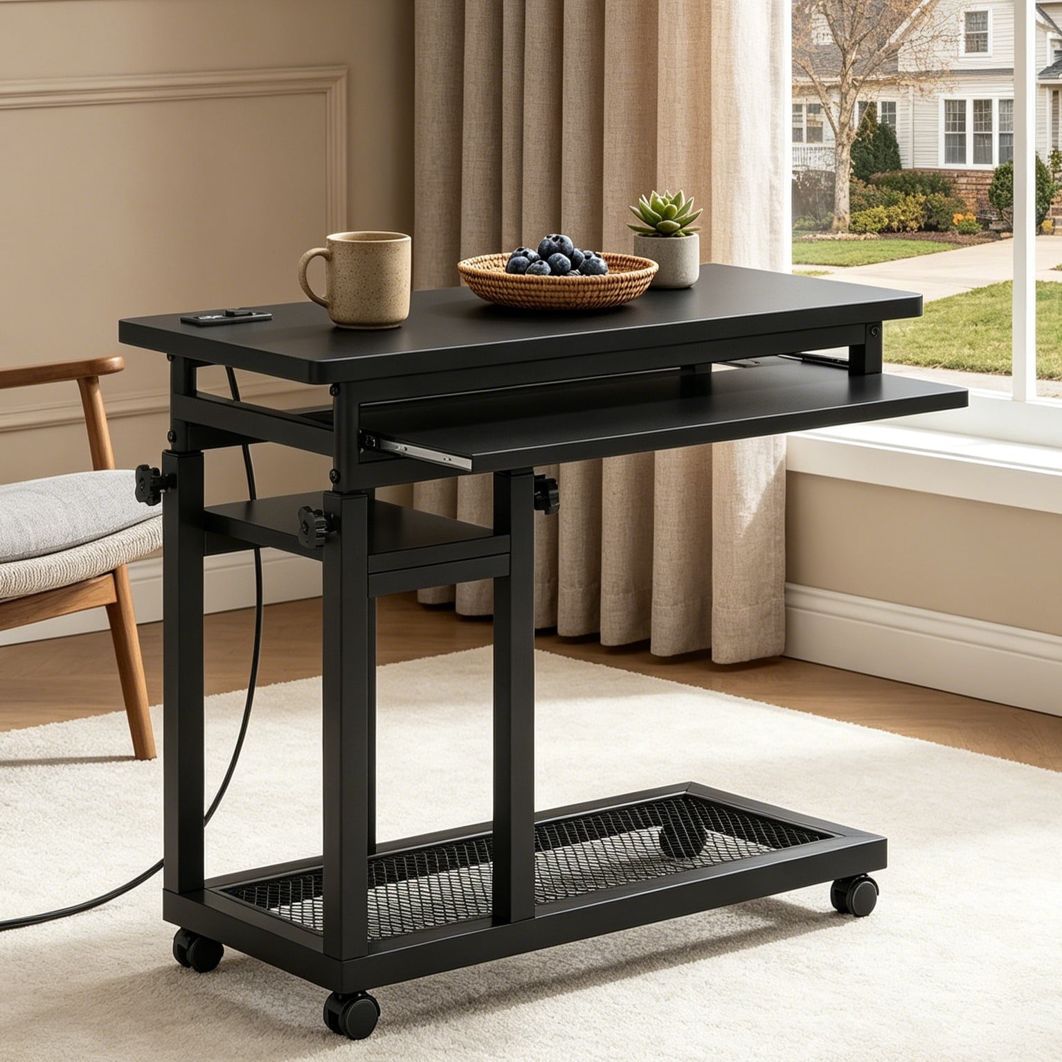 Fnova Small Portable Desk with Charging Station, Height Adjustable Mobile Desk with 4 Wheels, USB Ports & Power Outlet, Rolling Computer Cart, C Side Table for Sofa Couch Bedside, Black,Black