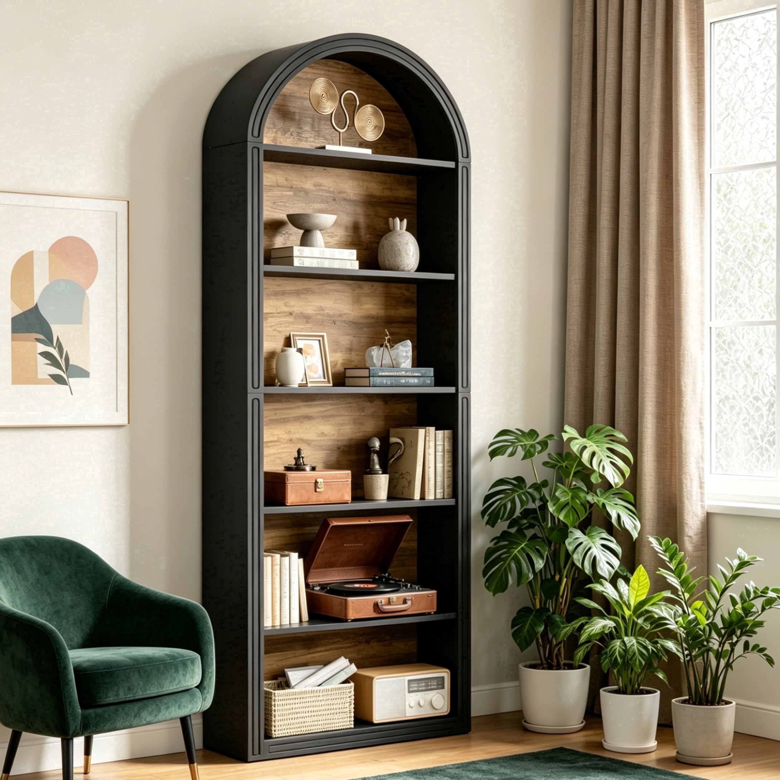 Fnova 78" Bookshelf, Farmhouse Tall 6-Tier Arched Bookcase, Wood Display Shelf Book Shelf Organizer for Living Room, Bedroom, Entryway,Black Brown,6-Tier