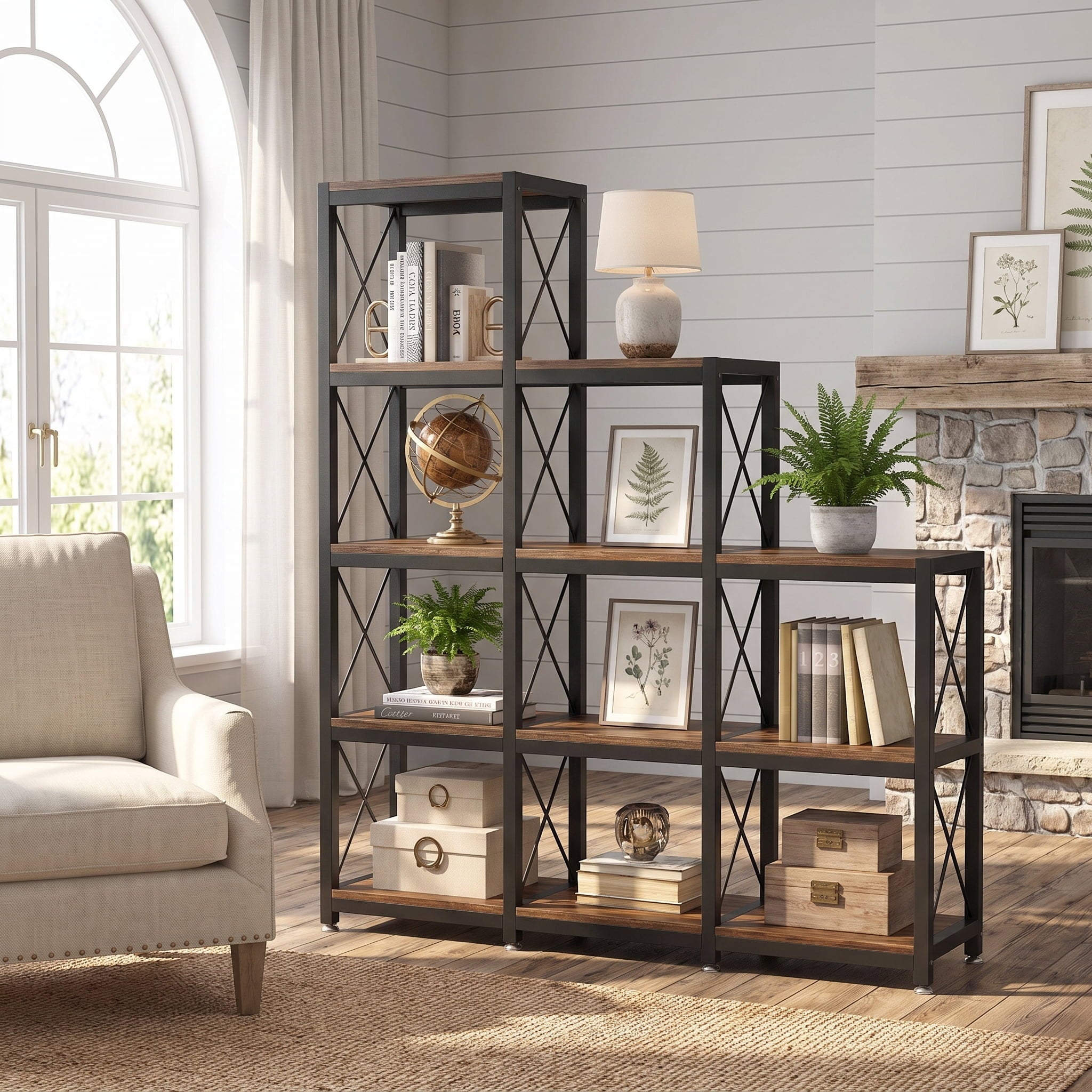Fnova 5-Tier Industrial Ladder Corner Storage Shelf Unit, 9-Cube Stepped Organizer for Living Room Bedroom Home Office,WM010567_BNB_US