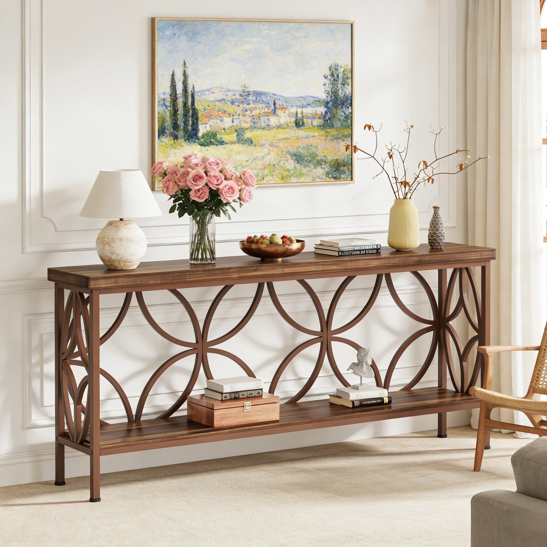 Fnova 70.9" Industrial Console Table, 2-Tier Wood Storage Narrow Sofa Table, Behind Couch with Metal Frame, for Living Room, Entryway, Foyer, Easy Assembly,Dark Brown