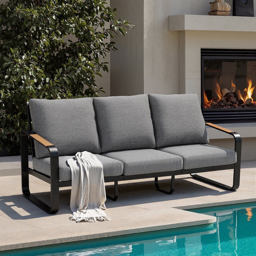 Fnova 3-Person Outdoor Sofa, Heavy Duty Metal Patio Couch with Thick Cushions, Weather-Resistant Outdoor Seating Furniture for Patio, Backyard, Porch and Garden,Gray-Three-seater chair