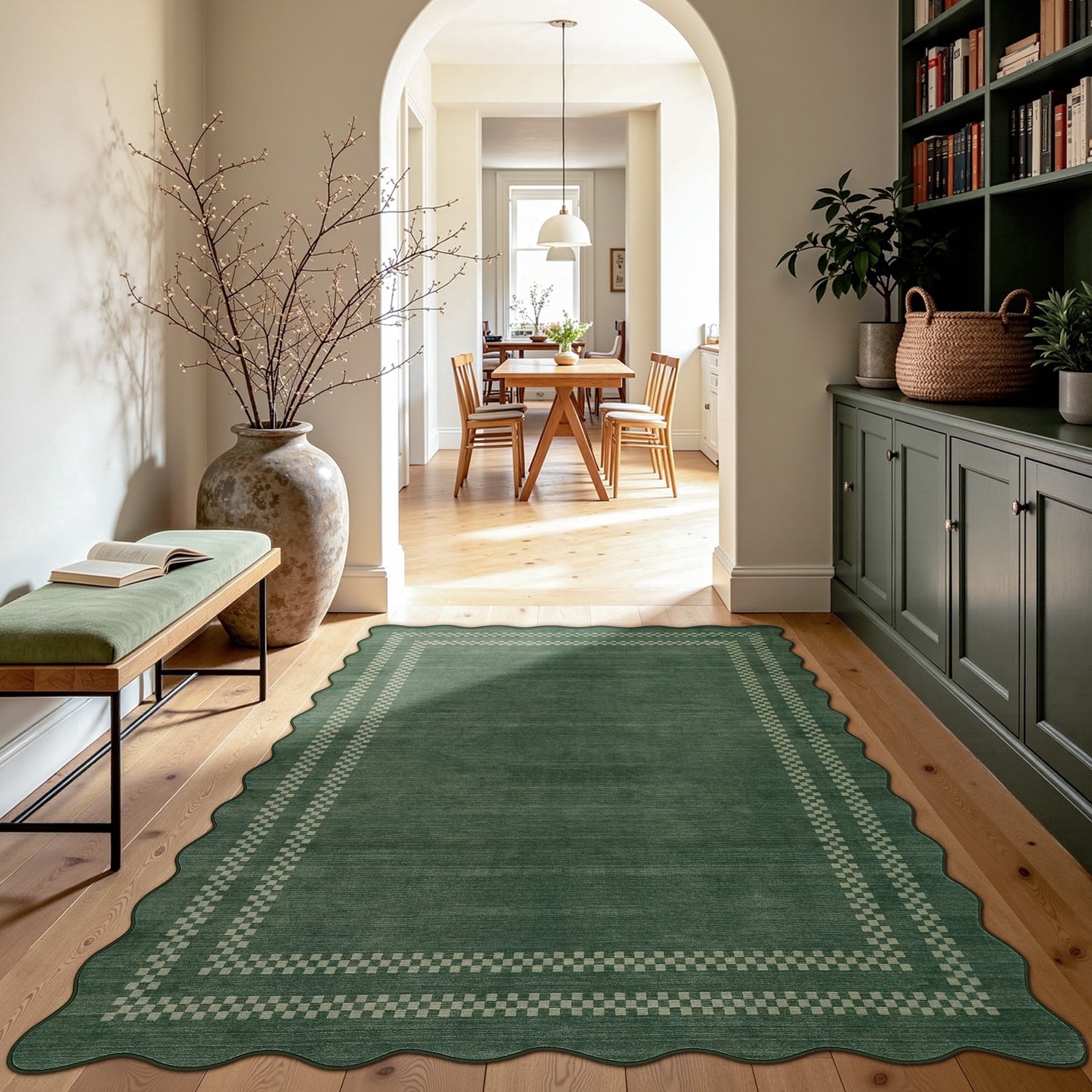 Fnova Scalloped Checker Border Area Rug, 5'x7' Machine Washable Non Slip Rug for Living Room Bedroom Kitchen, Kid and Pet Friendly Low Pile Indoor Carpet,Green,5'x7'