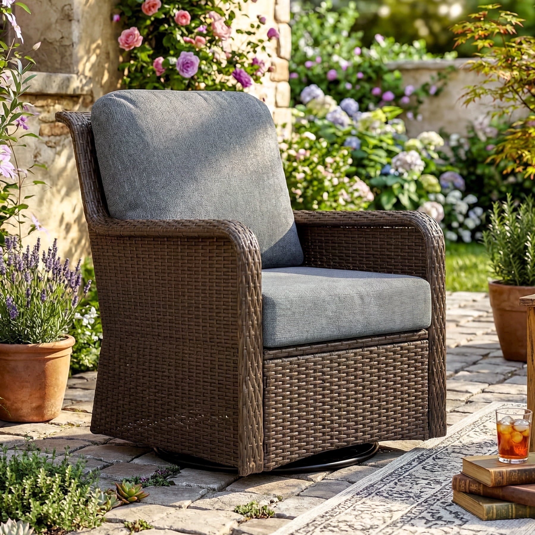 Fnova Outdoor Wicker Swivel Glider Chair, PE Rattan Patio Lounge Chair with Cushion, 450 LBS Capacity, Weather Resistant for Patio Porch Poolside Backyard,Blue-single chair