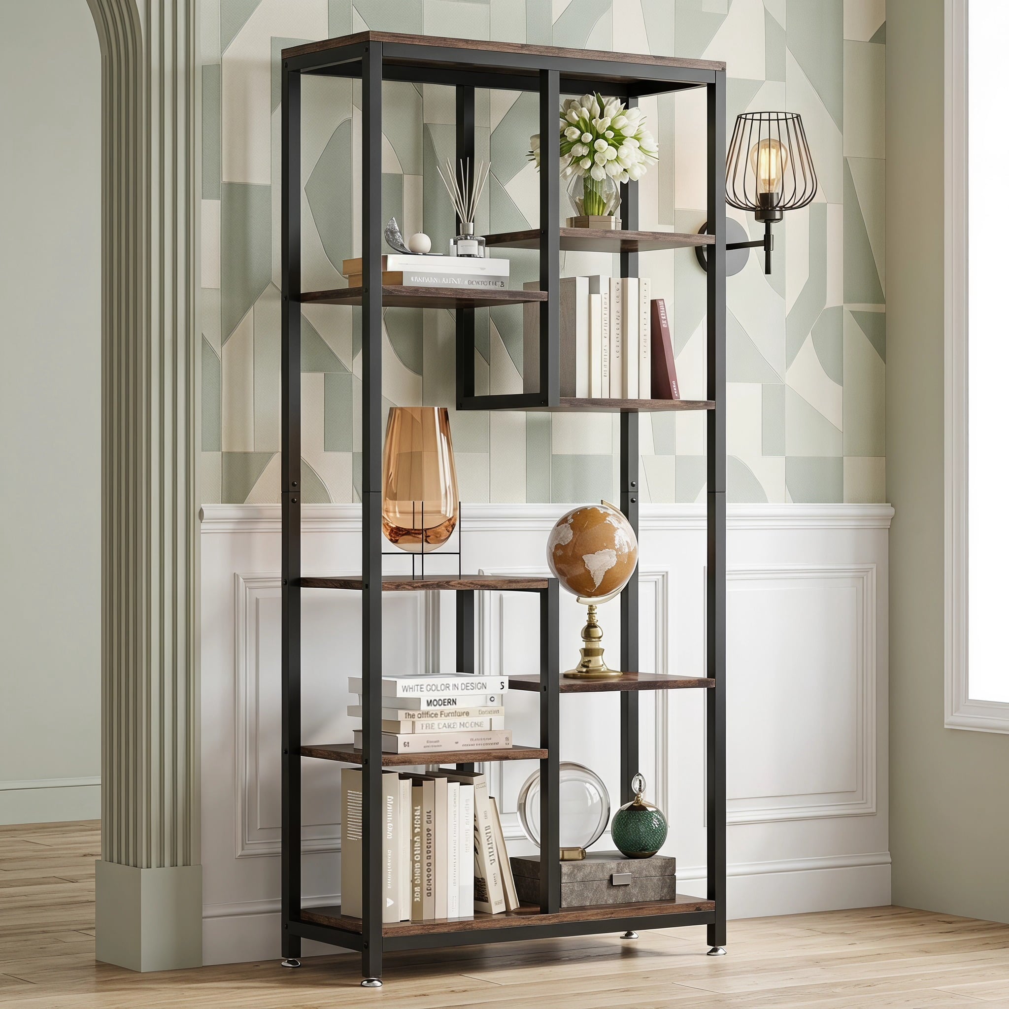 Fnova 6-Tier Tall Storage Shelf Unit, Asymmetrical 8-Shelf Industrial Open Bookcase Display for Living Room Bedroom Home Office,WM010544_B_US
