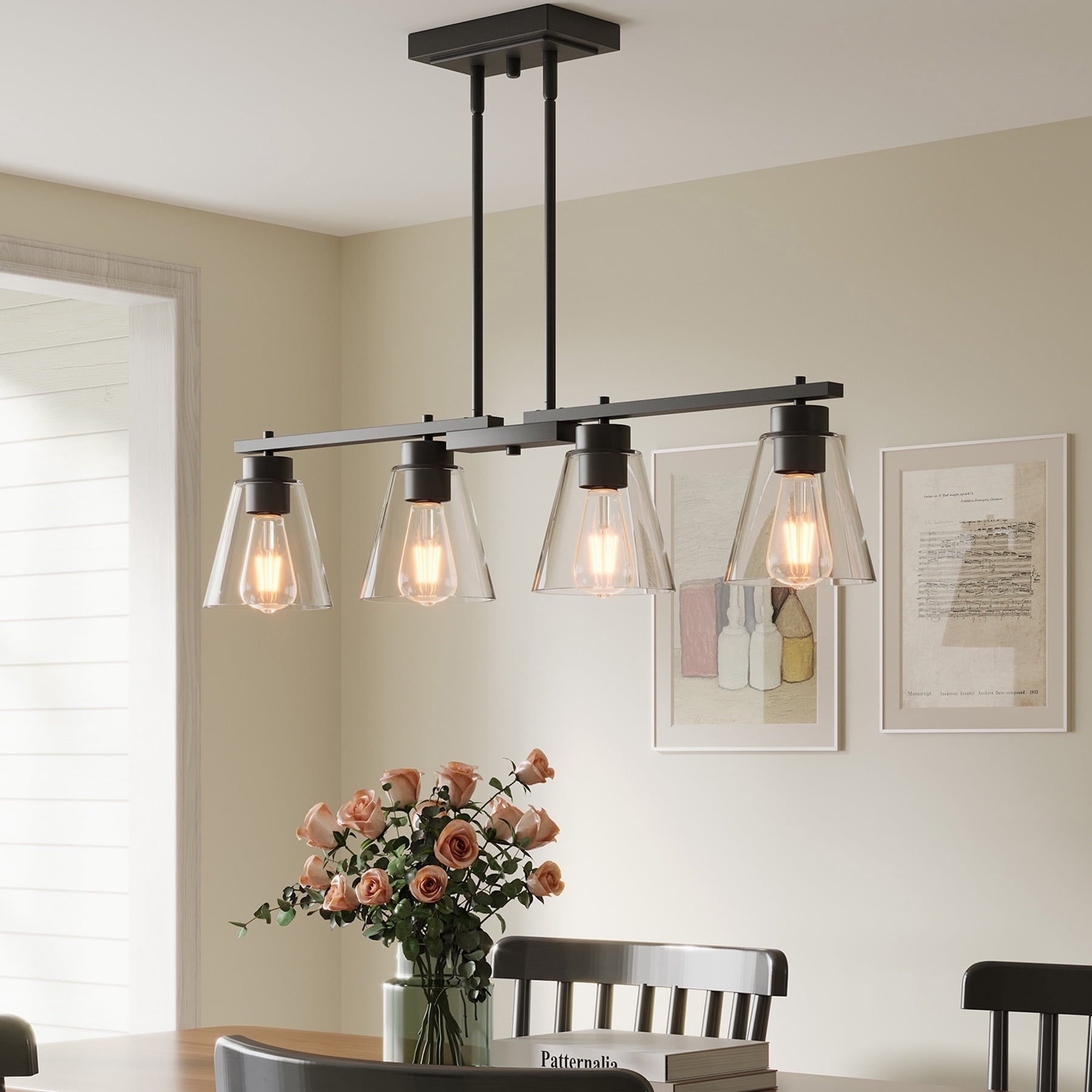Fnova Dining Room Light Fixture, 4-Light Kitchen Island Lighting Chandeliers, Black Metal Pendant Lighting with Adjustable Height and Clear Glass Shade for Dining Table Kitchen Island Living Room,0