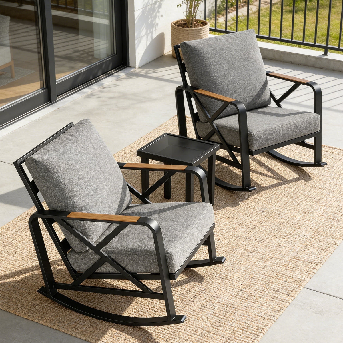 Fnova Outdoor Rocking Chair Set of 2 with Side Table, Sturdy Metal Frame Patio Furniture with Thick Cushions, Modern Porch Rocker Set for Balcony, Backyard and Poolside,WM011520_G_US