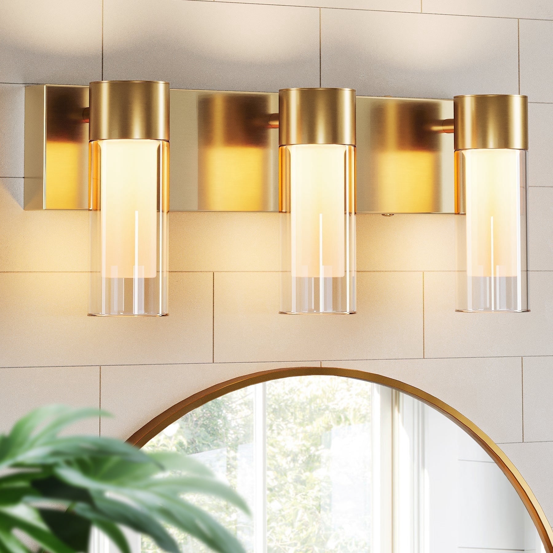 Fnova 19.7-Inch LED Gold Vanity Lights, Modern 3CCT Dimmable Bathroom Light Fixtures with Double Glass Shade, (ETL Listed, Bulbs Included),WM011103_G_US