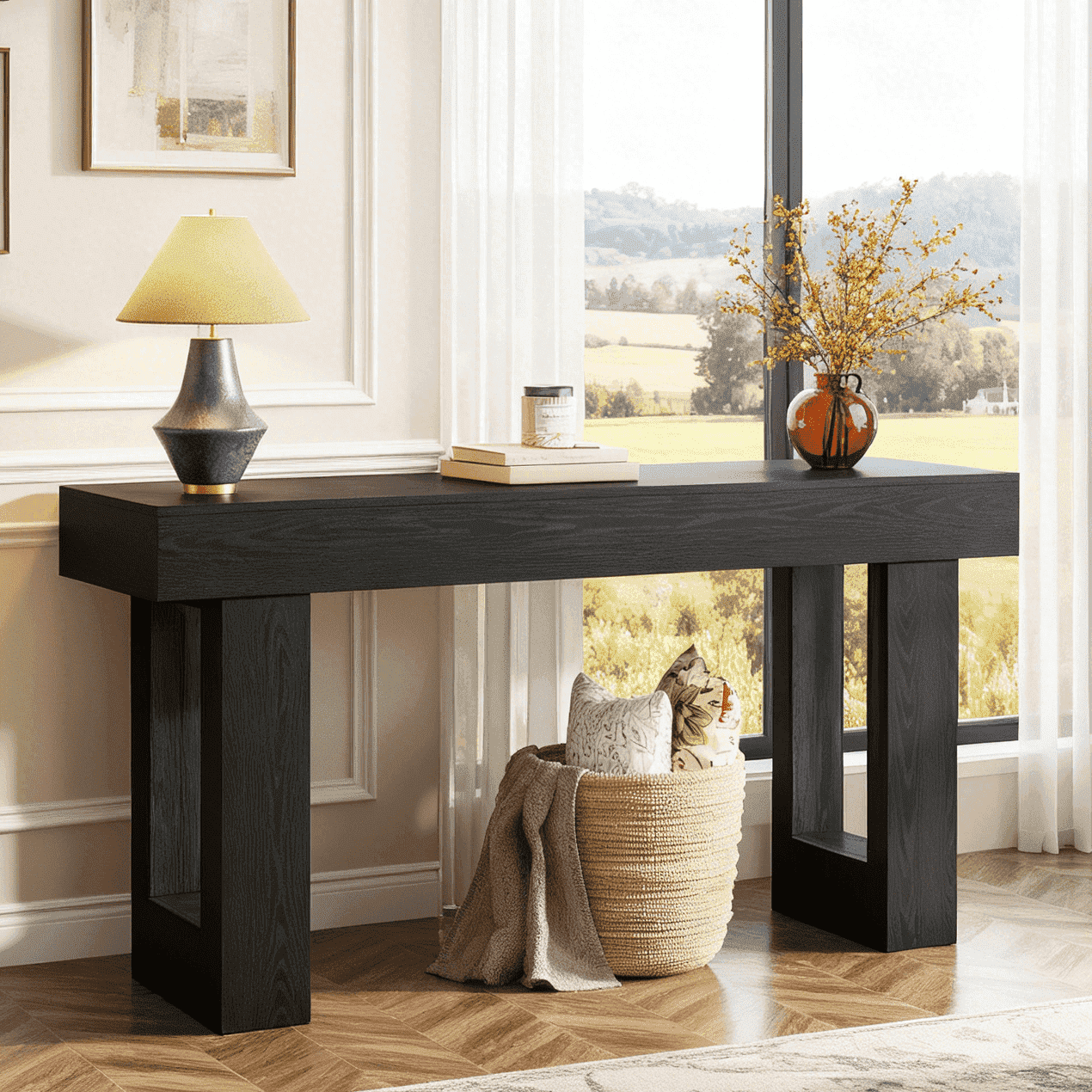 Fnova 63" Long Console Table, 2-Tier Wooden Narrow Rectangular Sofa Table Behind Couch, Farmhouse Entryway Table for Entrance, Hallway, Living Room,Black