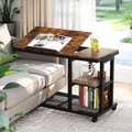 Fnova Mobile Side Table with Wheels, Snack Tray, Height-Adjustable C-Shape Desk, Tiltable Drawing Board, Laptop Stand, Storage Shelves for Living Room, Bedside Table for Couch,Brown
