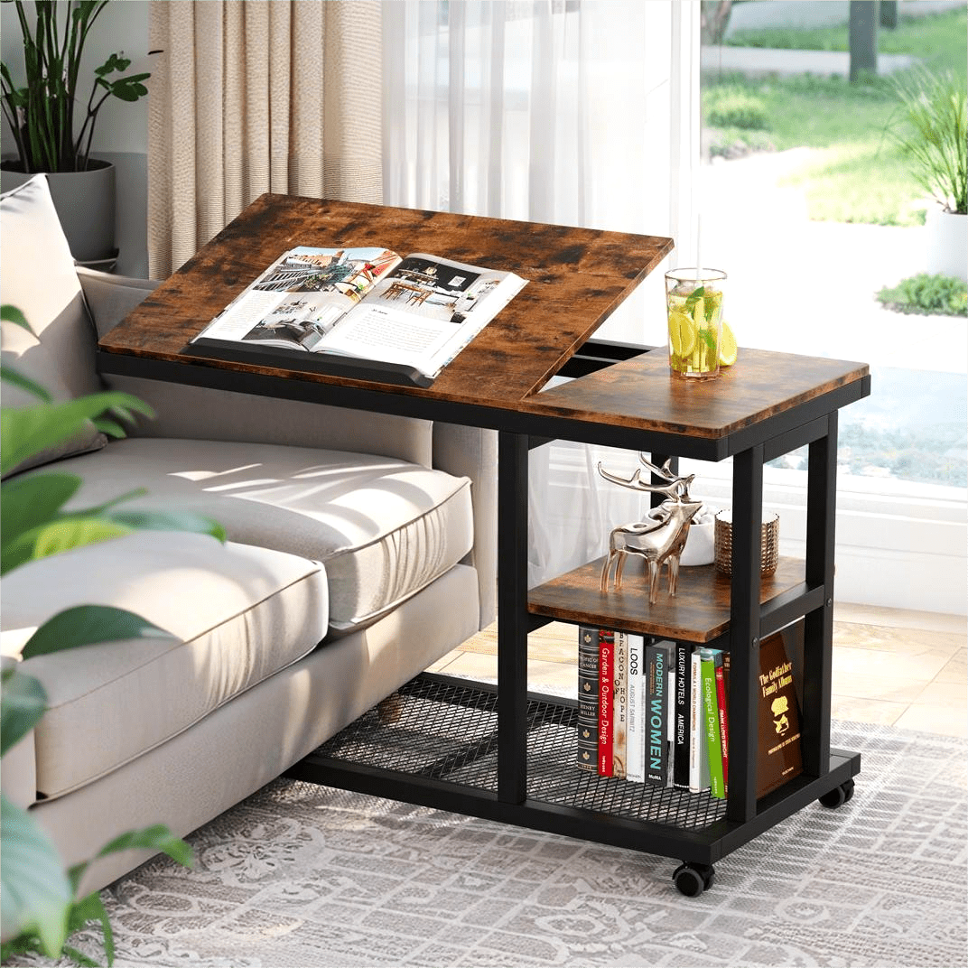 Fnova Mobile Side Table with Wheels, Snack Tray, Height-Adjustable C-Shape Desk, Tiltable Drawing Board, Laptop Stand, Storage Shelves for Living Room, Bedside Table for Couch,Brown