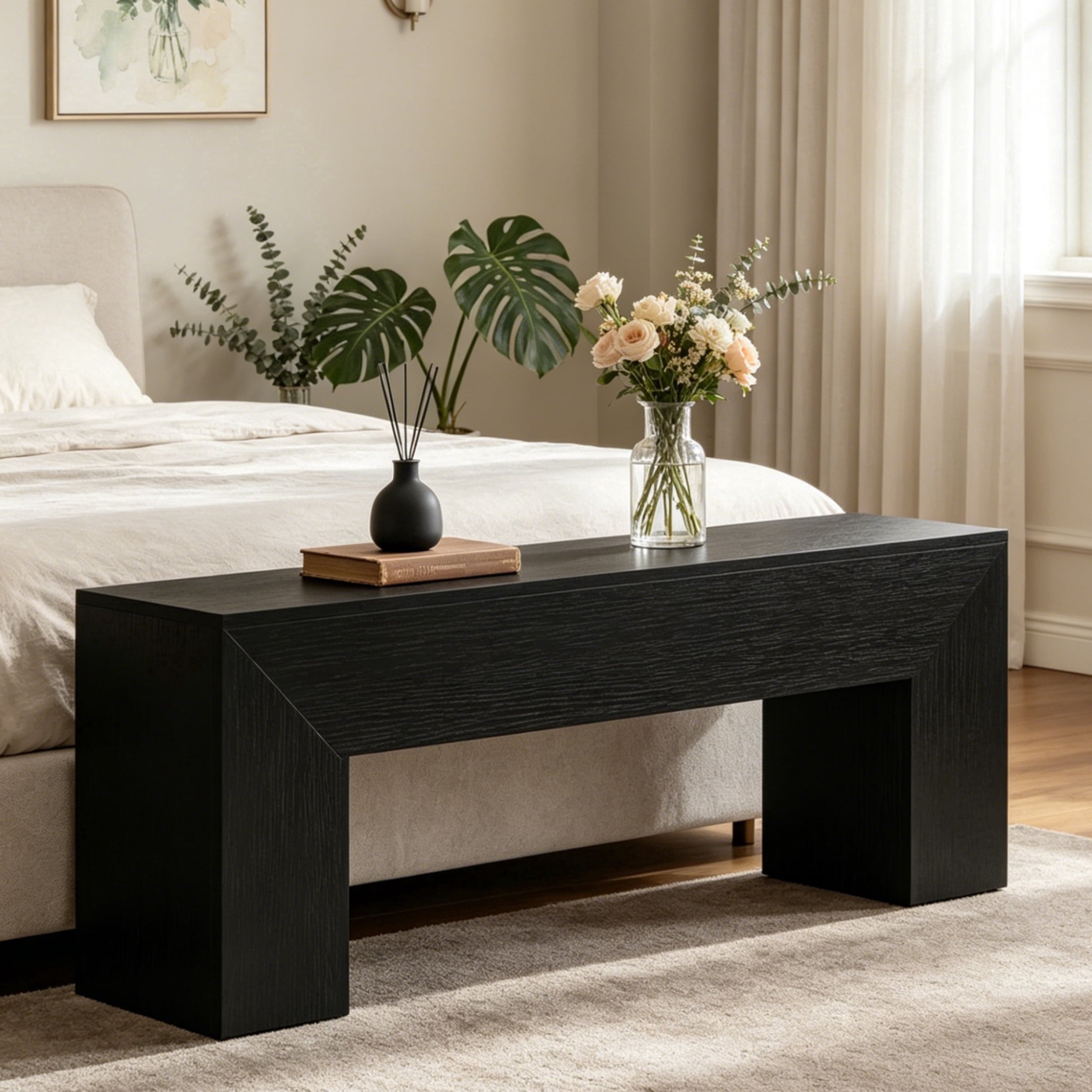 Fnova 47" Wooden Entryway Bench, Farmhouse Wooden Shoe Bench, Indoor End of Bed Stool for 1-2, Long Kitchen Table Seat Dining Seat for Entryway, Hallway, Living Room,Black