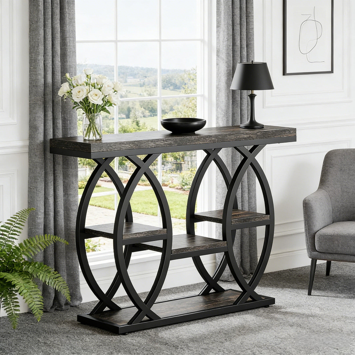 Fnova 39.4-Inch Industrial Console Table, 4-Tier Retro Staggered Storage Shelves, Narrow Wood Accent Table with Metal Frame, for Small Spaces, Entryway, Sofa, Hallway,WM010306_BB_Console