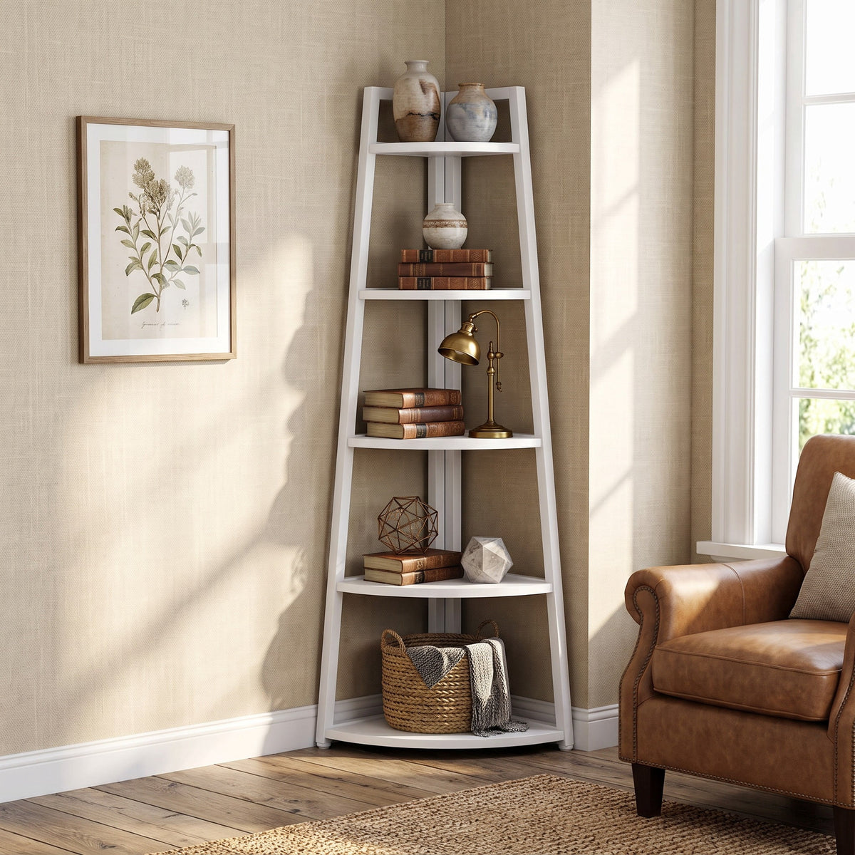 Fnova 71-Inch 5-Tier Industrial Corner Ladder Shelf, Modern Corner Bookshelf, Compact Bookcase, Plant Stand for Living Room, Kitchen, Home Office,WM010513_W_Shelf