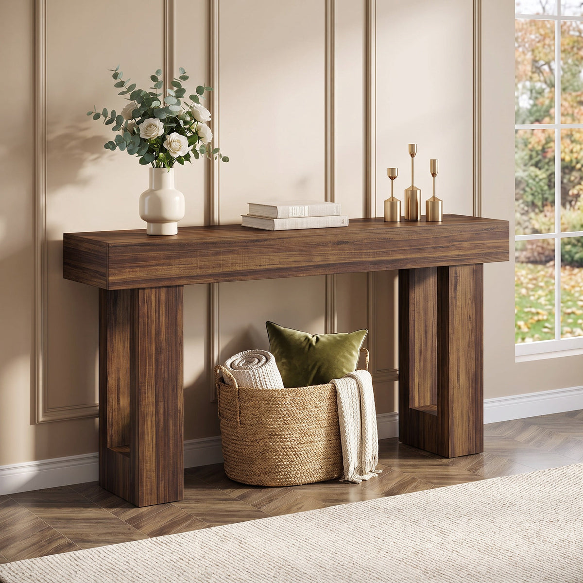 Fnova 63-Inch Long Console Table, 2-Tier Wooden Narrow Rectangular Sofa Table Behind Couch, Farmhouse Entryway Table for Entrance, Hallway, Living Room,WM010302M_JW0909_US