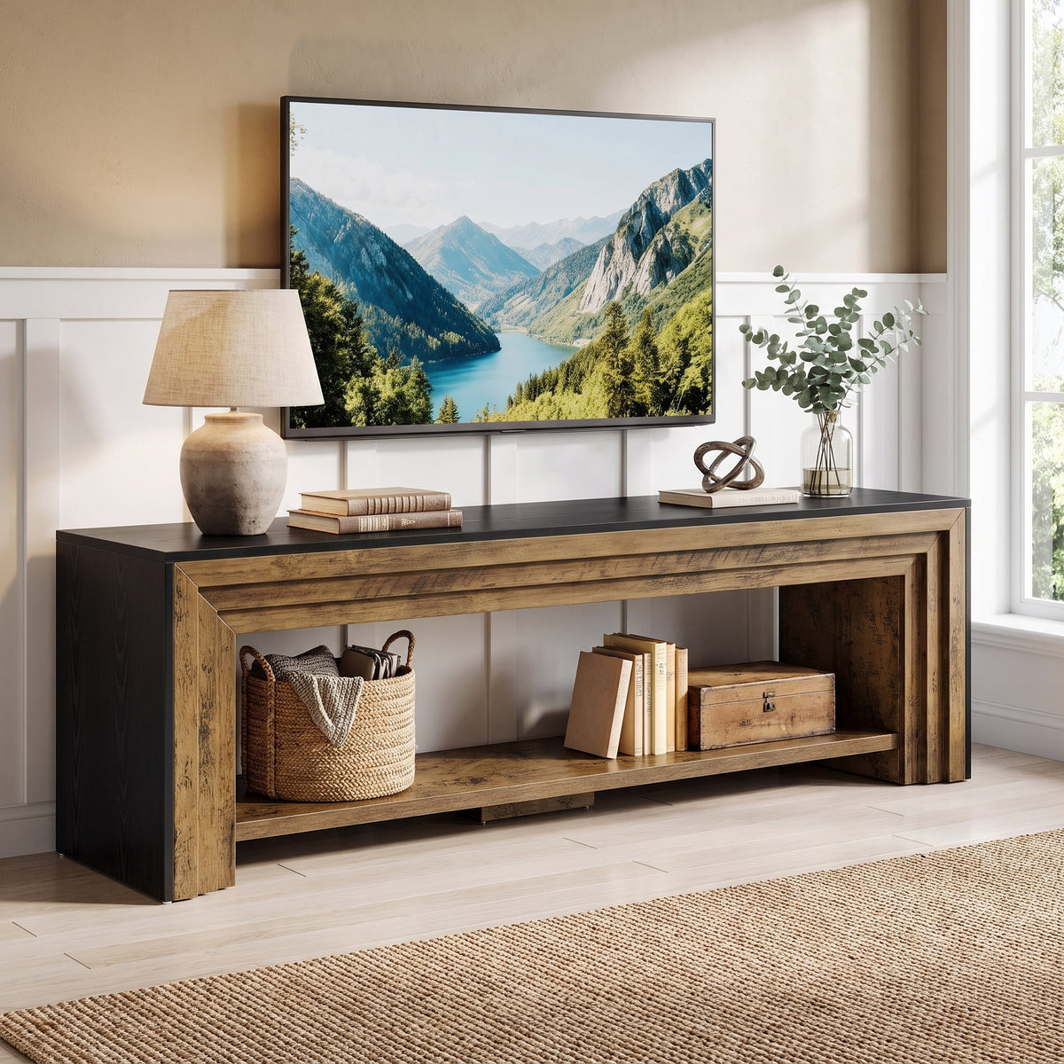 Fnova 70.87-Inch Modern Farmhouse TV Stand with Open Storage Shelf, Two-Tone Brown & Black Entertainment Center, Media Console Table, Living Room Home Decor Furniture,WM010622_BDBN_US