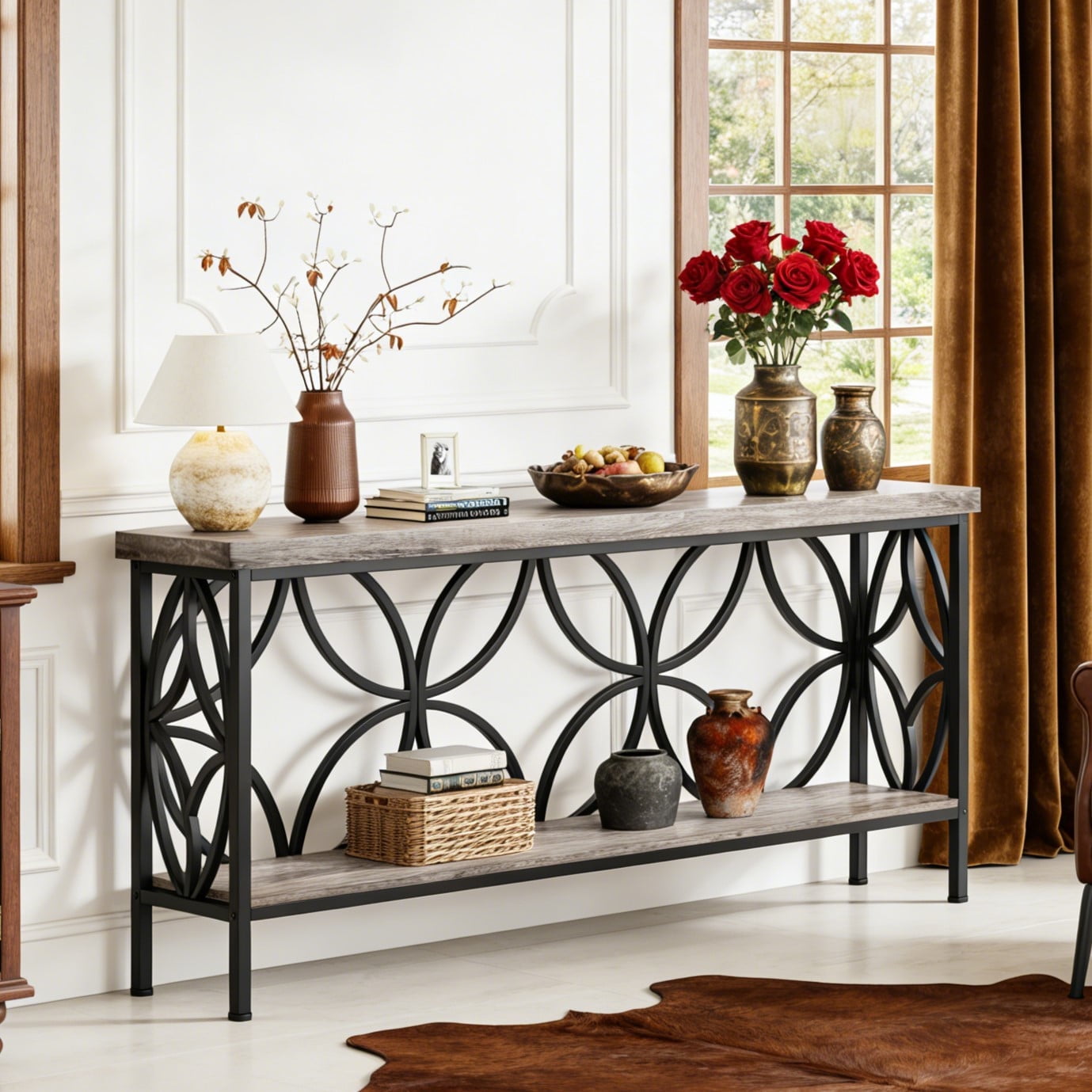 Fnova 70.9" Industrial Console Table, 2-Tier Wood Storage Narrow Sofa Table, Behind Couch with Metal Frame, for Living Room, Entryway, Foyer, Easy Assembly,Gray