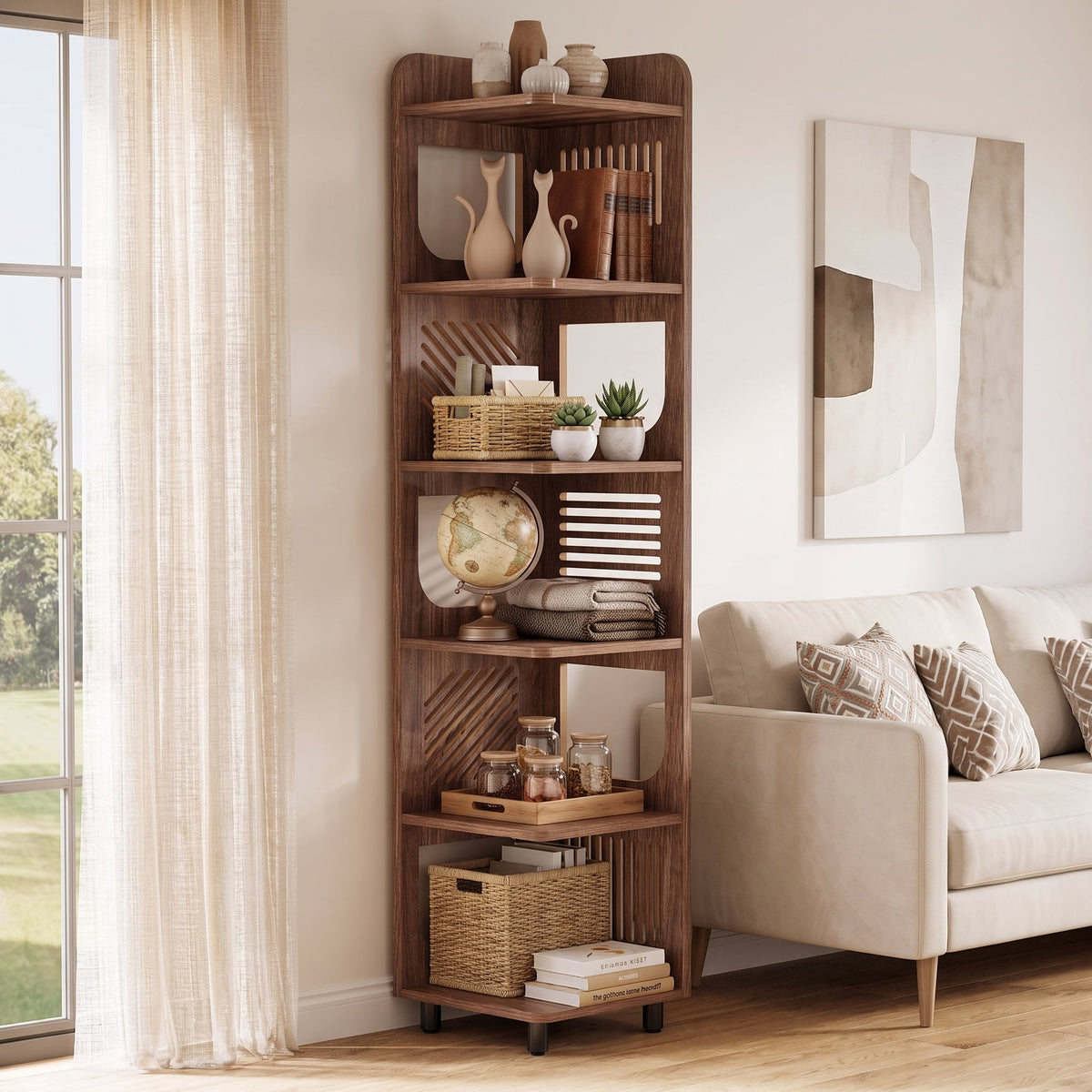 Fnova 71-Inch 6-Tier Tall Corner Bookshelf, Rustic Wooden Narrow Corner Bookcase with Artistic Square Rack, Freestanding Display Storage Shelf for Space-Saving Home Organizing,WM010521_DBN_Shelf