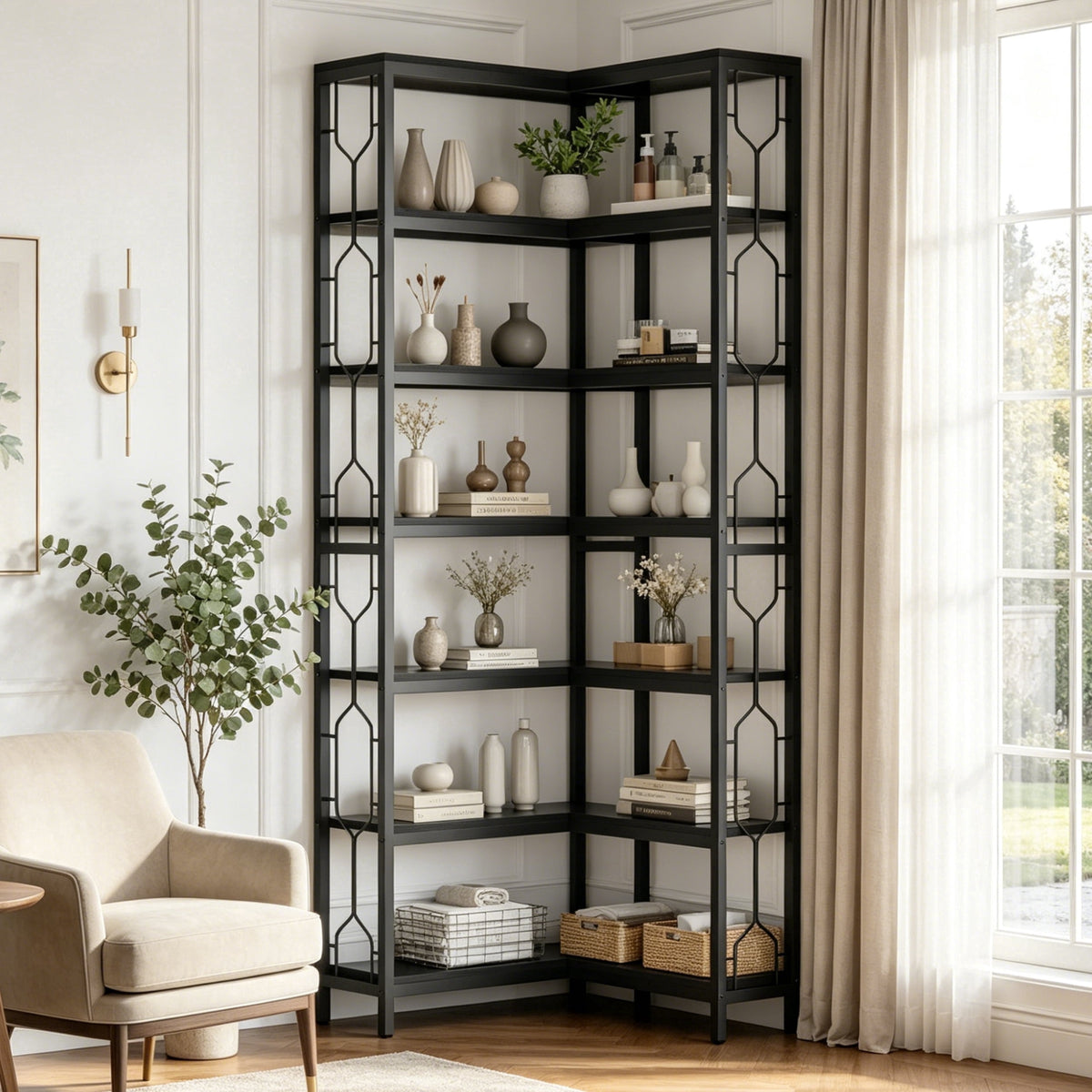 Fnova 7-Tier Industrial Corner Storage Shelf Unit, Space-Saving Bookcase Display for Living Room Bedroom Home Office,WM010549_B_US