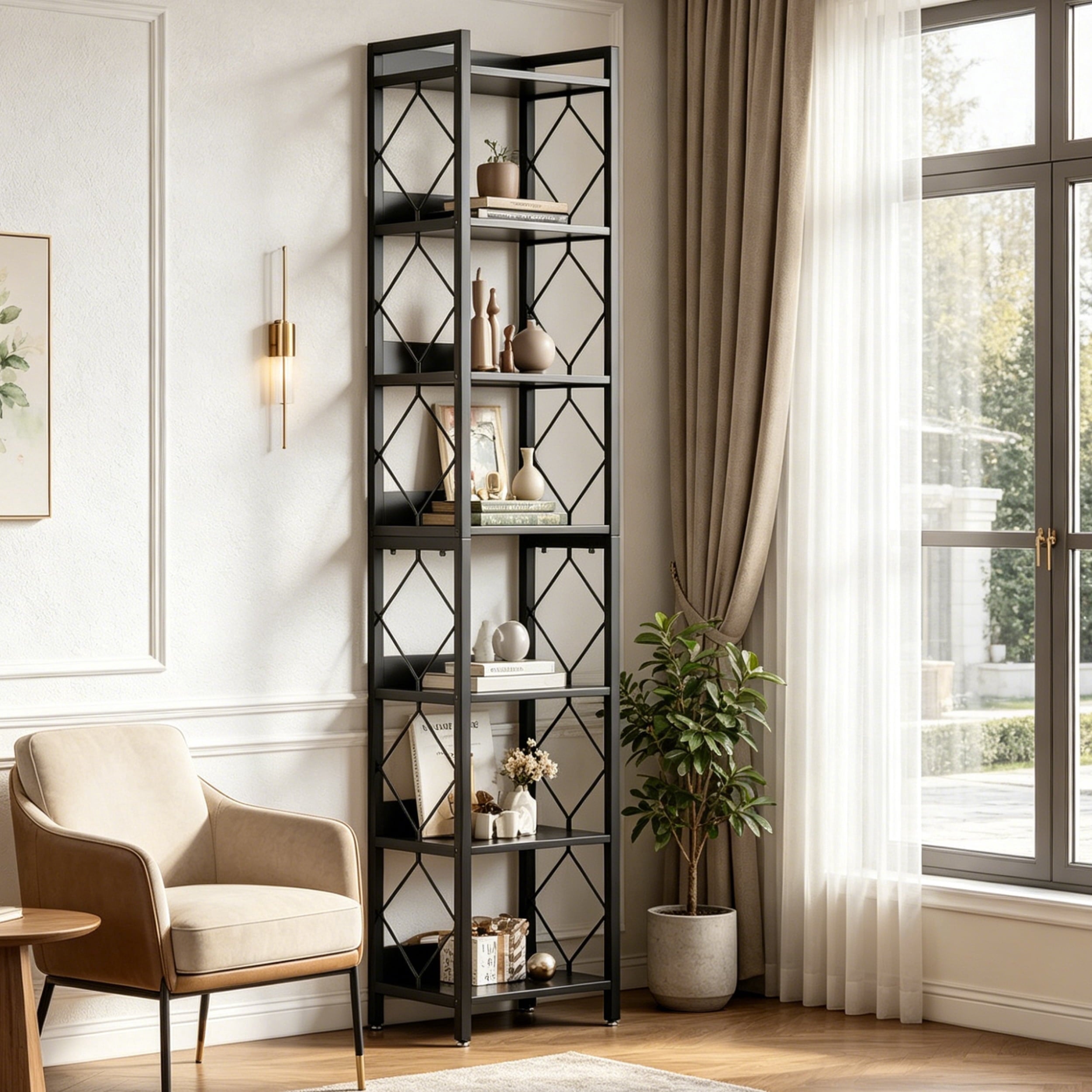 Fnova 78.7" 7-Tier Tall Storage Shelf, Narrow Metal Wood Bookshelf for Small Spaces, Office, Library, Living Room,Black