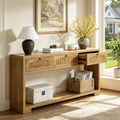 Fnova 70.8" Farmhouse Console Table, 3-Drawer Narrow Entryway Table with Open Shelf, Long Narrow Sofa Table for Living Room, Hallway, Foyer,Light Brown