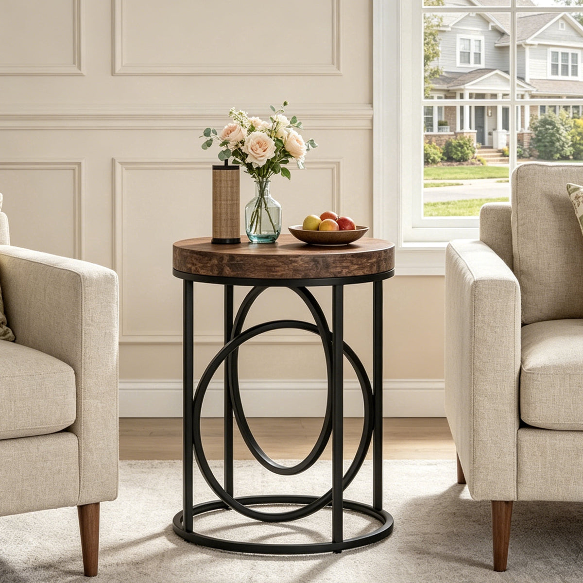 Fnova Modern Round End Table, Side Table with Metal Frame, Faux Marble or Wooden Accent Table Nightstand, Easy Assembly for Living Room Bedroom Entryway Small Space,WM010132_BNB_US