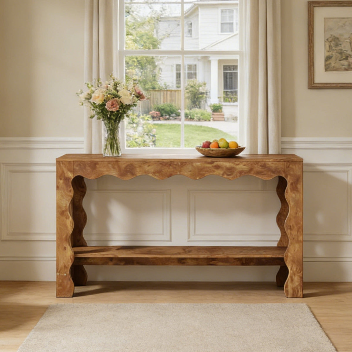 Fnova 63-Inch Farmhouse Console Table with 2-Tier Storage Shelf, Scallop Design Entryway Table, Narrow Sofa Table for Living Room, Hallway, Foyer,WM010331_BN_US