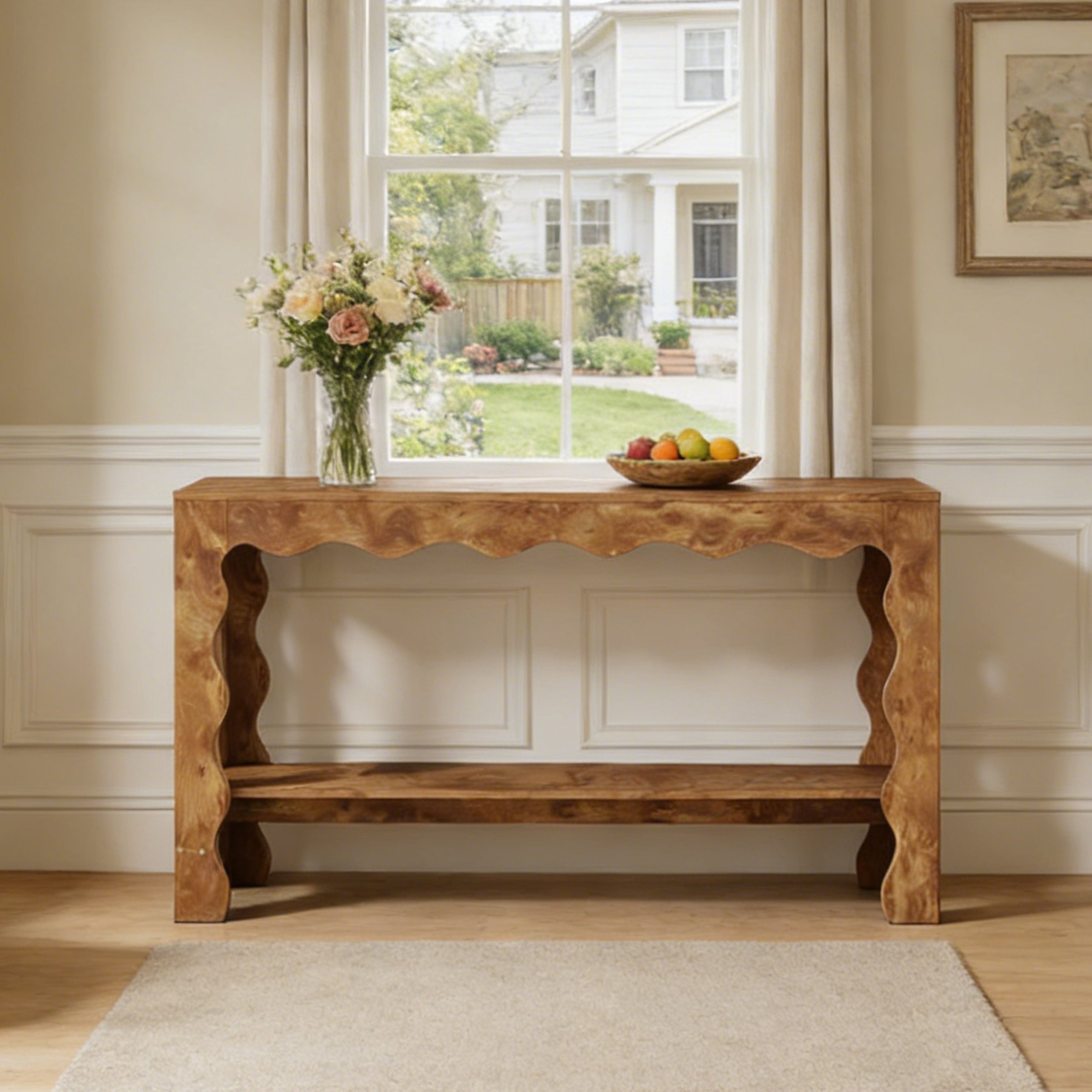 Fnova 63" Farmhouse Console Table with 2-Tier Storage Shelf, Scallop Design Entryway Table, Narrow Sofa Table for Living Room, Hallway, Foyer,Brown