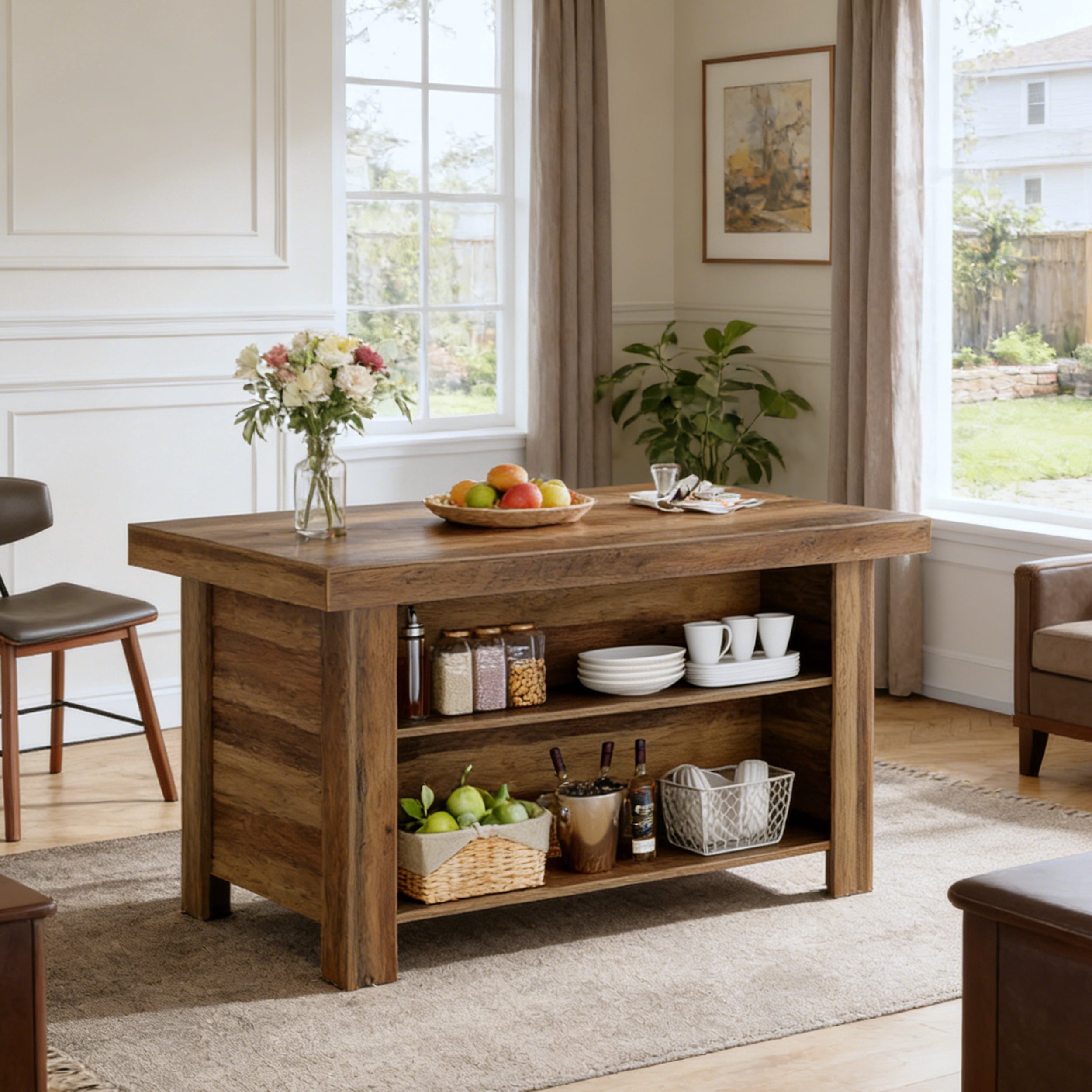 Fnova 55" Farmhouse Kitchen Island with Storage, Wooden Kitchen Table with 2-Tier Storage Shelves & Large Worktop, Modern Large Counter Height Table for Kitchen Prep & Dining,Warm Brown
