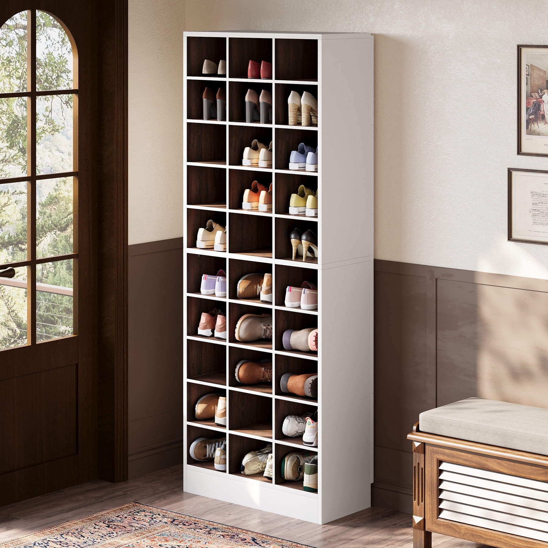 Fnova 71-Inch Storage Shelf, Modern Freestanding Wooden Bookshelf, 30-Cubby Shoe Cabinet With 8 Adjustable Shelves, Large Open Bookcase Display Organizer for Living Room, Home Office, White Brown,WM010540_WBN_Shelf