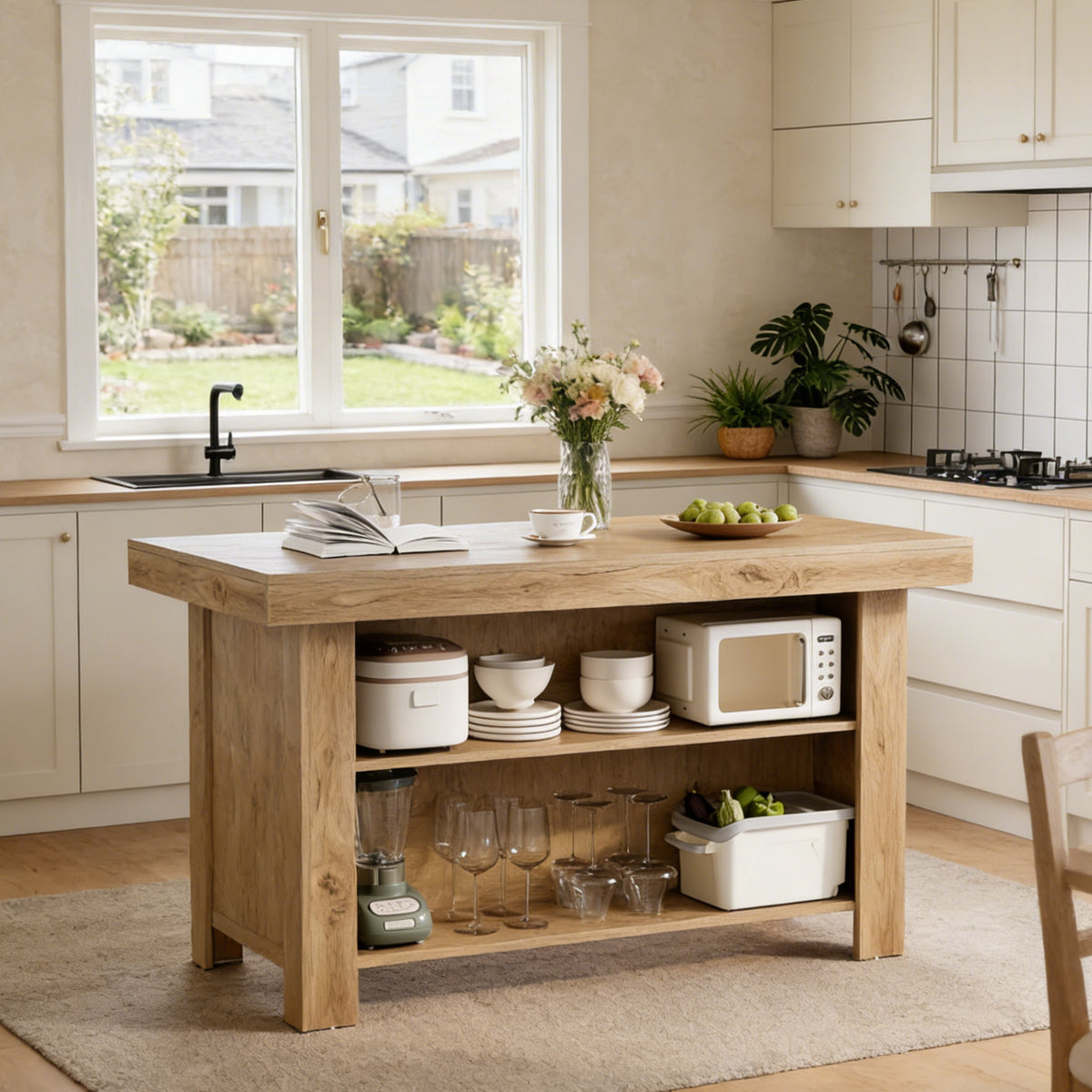 Fnova 55-Inch Farmhouse Kitchen Island with Storage, Wooden Kitchen Table with 2-Tier Storage Shelves & Large Worktop, Modern Large Counter Height Table for Kitchen Prep & Dining,WM010230M_LBN_US