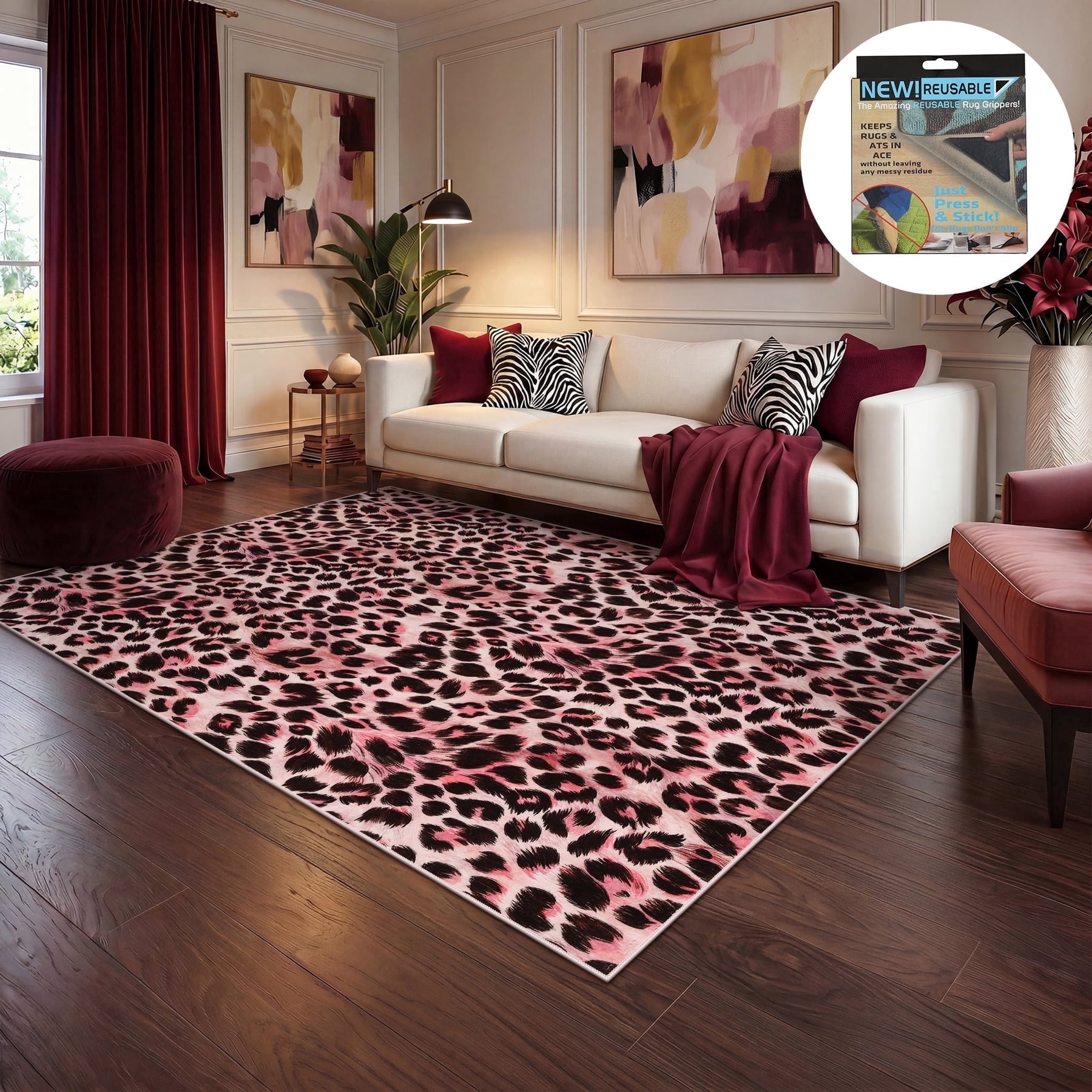 Fnova Leopard Print Area Rug, 5' x 7' Machine Washable Non Slip Rug for Living Room Bedroom Kitchen, Kid and Pet Friendly Low Pile Indoor Carpet,Pink,5' x 7'