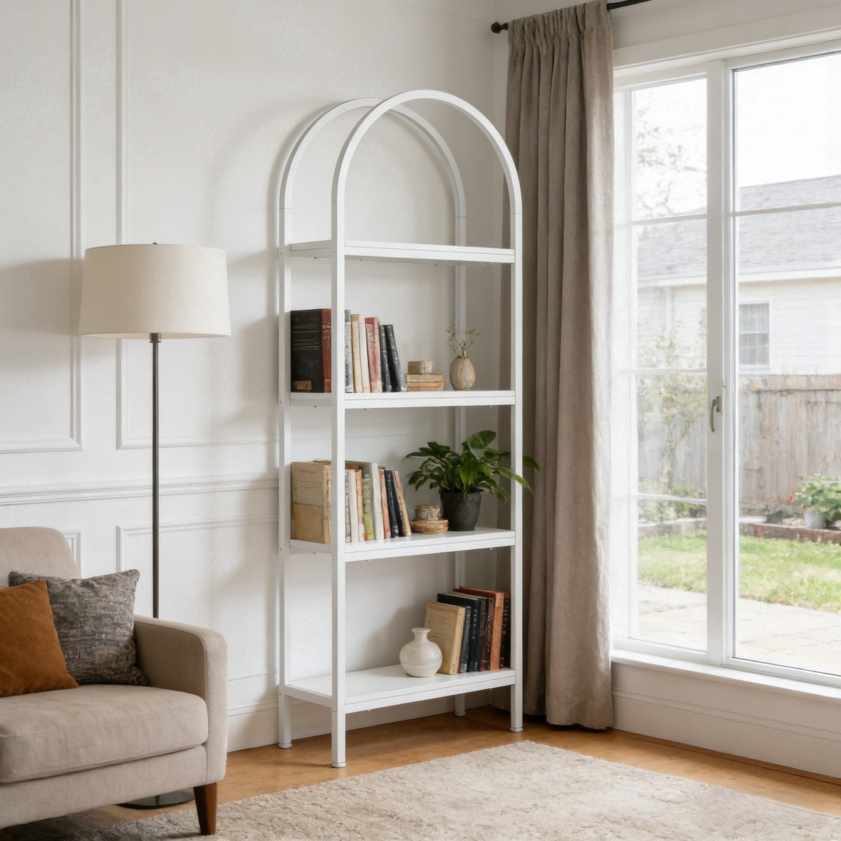 Fnova 71-Inch Tall Bookshelf 4-Tier Arched Bookcase, Industrial Book Shelves with Metal Frame for Living Room, Office, Bedroom,WM010505M_W_US