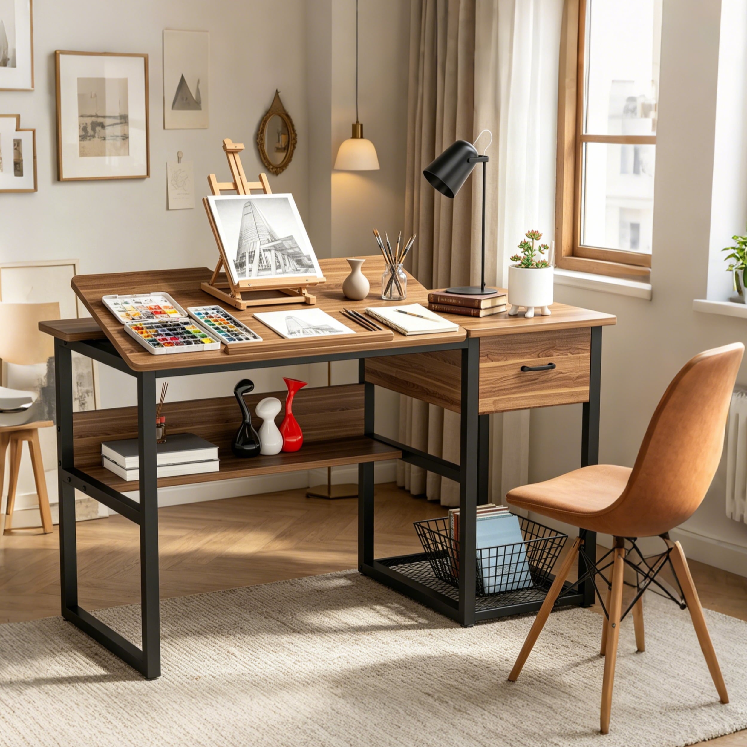 Fnova Drafting Table, Artist Craft Desk with Storage Drawers & Shelves, Tilting Tabletop Multi-Functional Computer Workstation, Metal Frame, for Home Office, Studio & Student Use,0