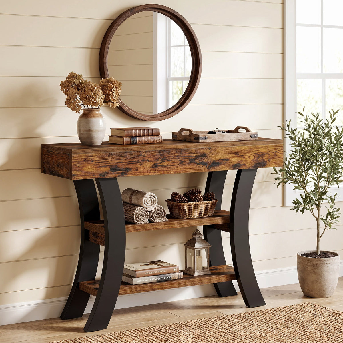 Fnova 41.34-Inch 3-Tier Console Table, Vintage Sofa Table with Curved Metal Leg for Entryway Hallway Living Room Foyer Decor,WM010968_BNB_US