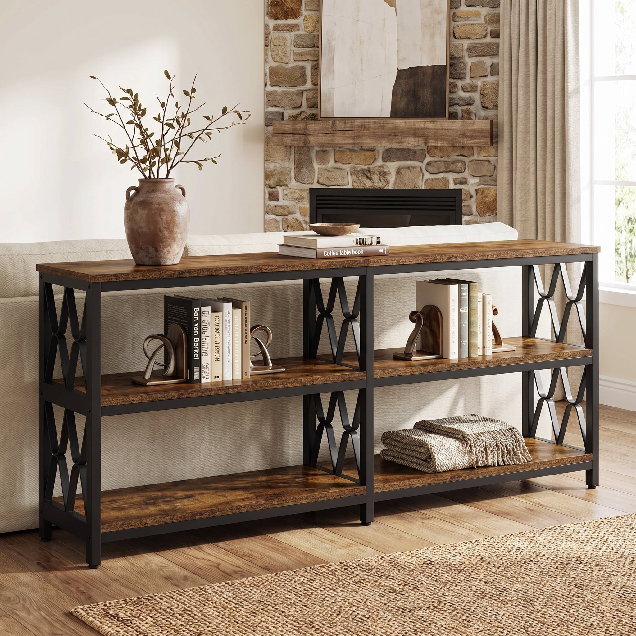 Fnova 71 Inch 3-Tier Industrial Console Table with Storage Shelves, Long Entryway Table, Hallway Foyer Table, Sofa Table Behind Couch for Living Room, Brown & Black,WM010955_BNB_US