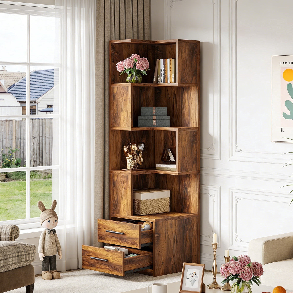 Fnova 70-Inch Conner Bookcase with 4-Tier Open Display Storage Shelves 2 Drawers, Large Book Shelf Bookcase Bookshelf for Living Room, Home Office, Bed Room,WM010502M_HL0225_US